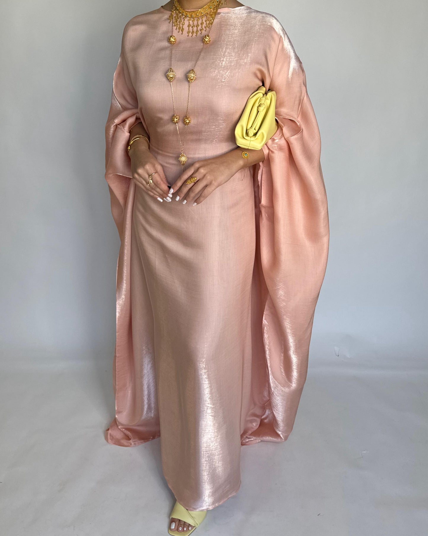 A371 - Peach Butterfly Cut Organza Jalabiya (READY TO SHIP)