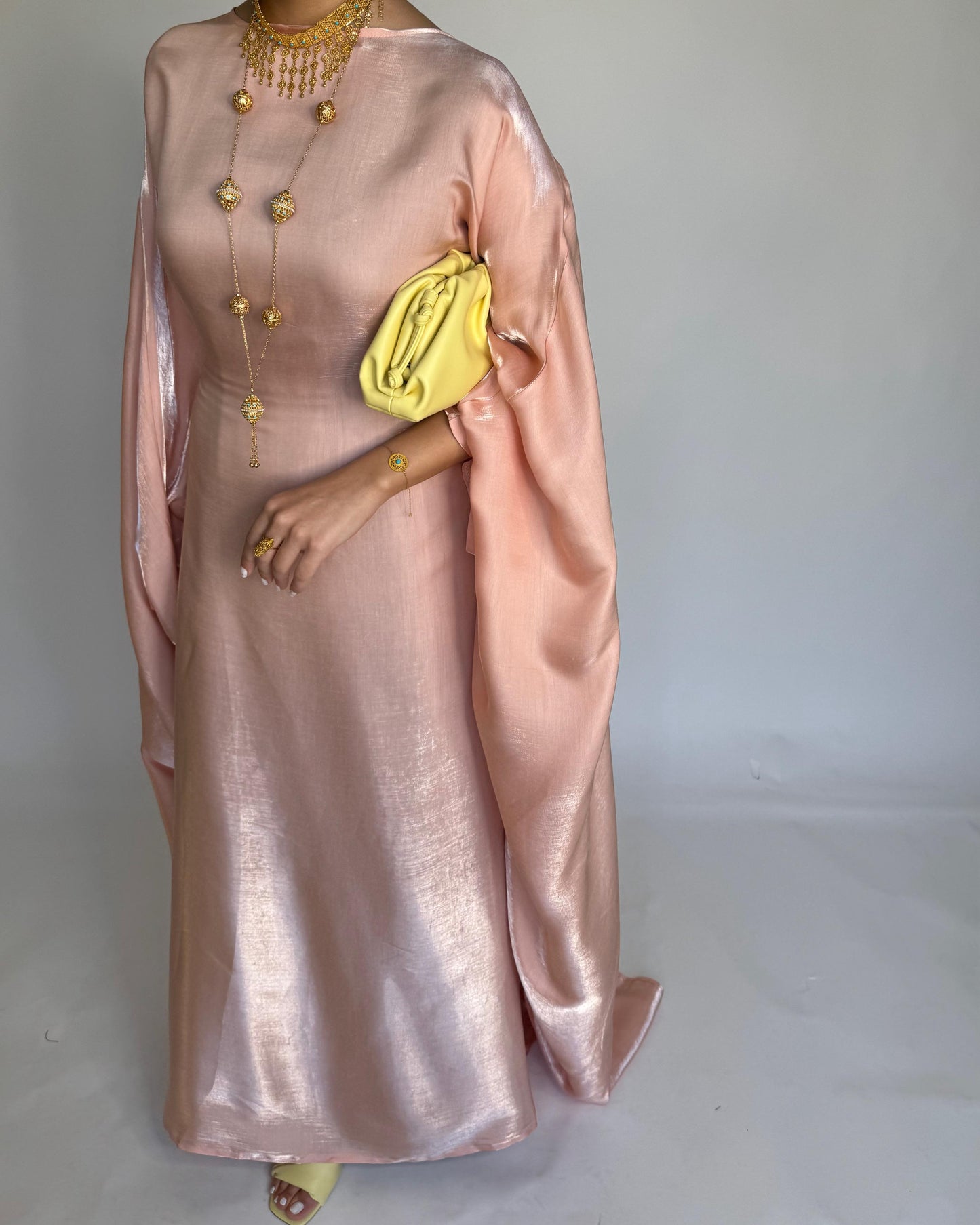 A371 - Peach Butterfly Cut Organza Jalabiya (READY TO SHIP)