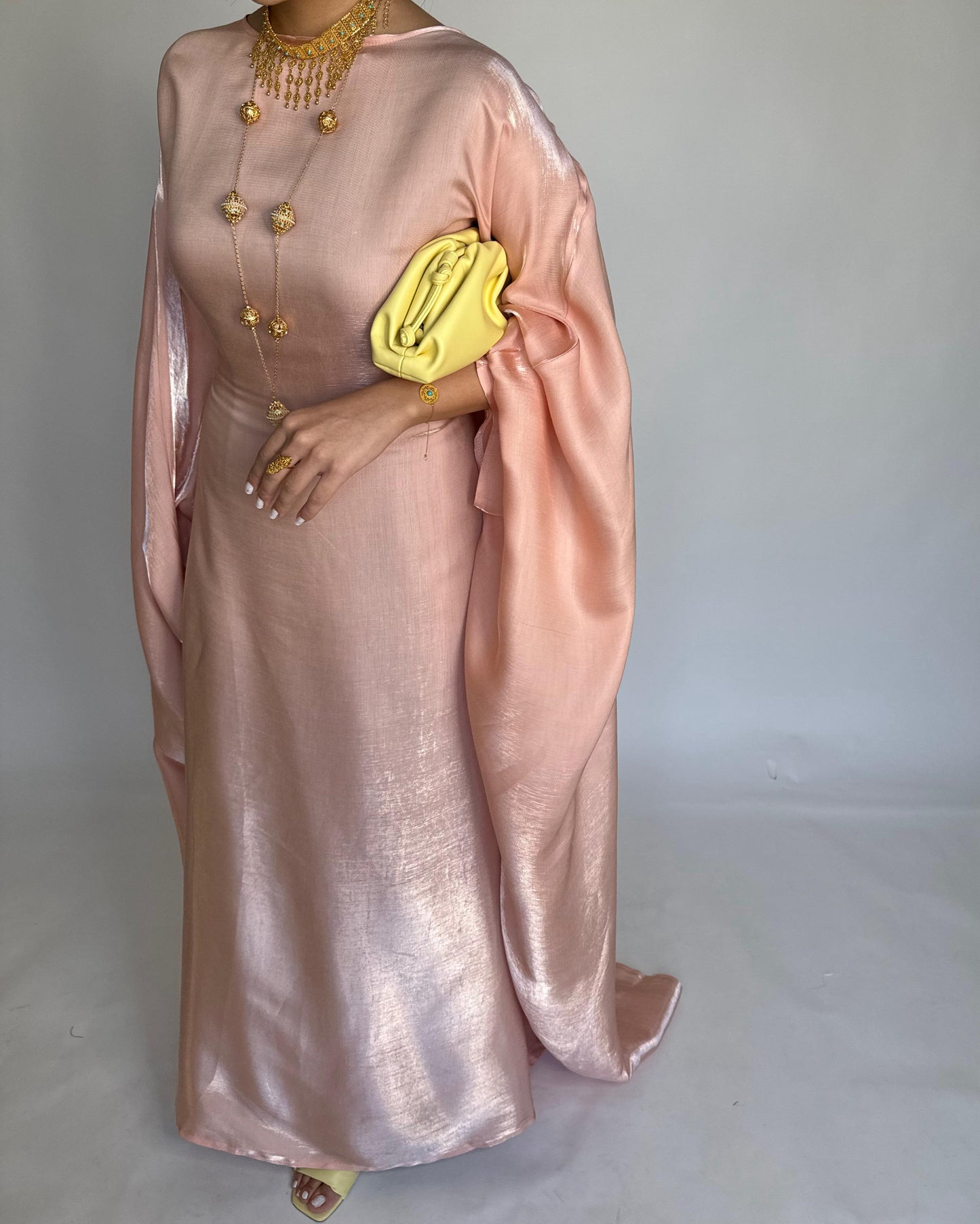 A371 - Peach Butterfly Cut Organza Jalabiya (READY TO SHIP)