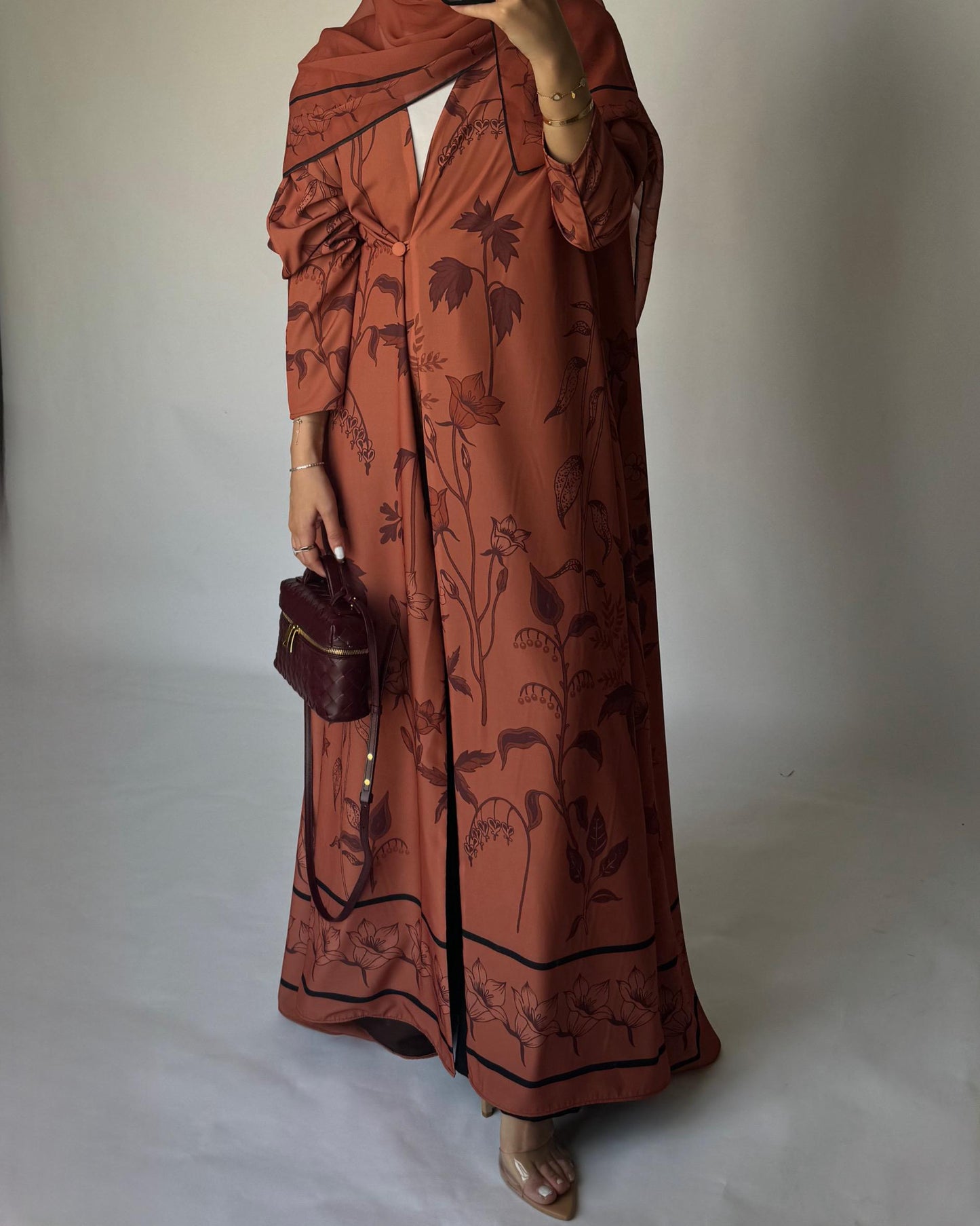 A379 - Burnt Orange Pattern A-Cut Summery Daily Abaya