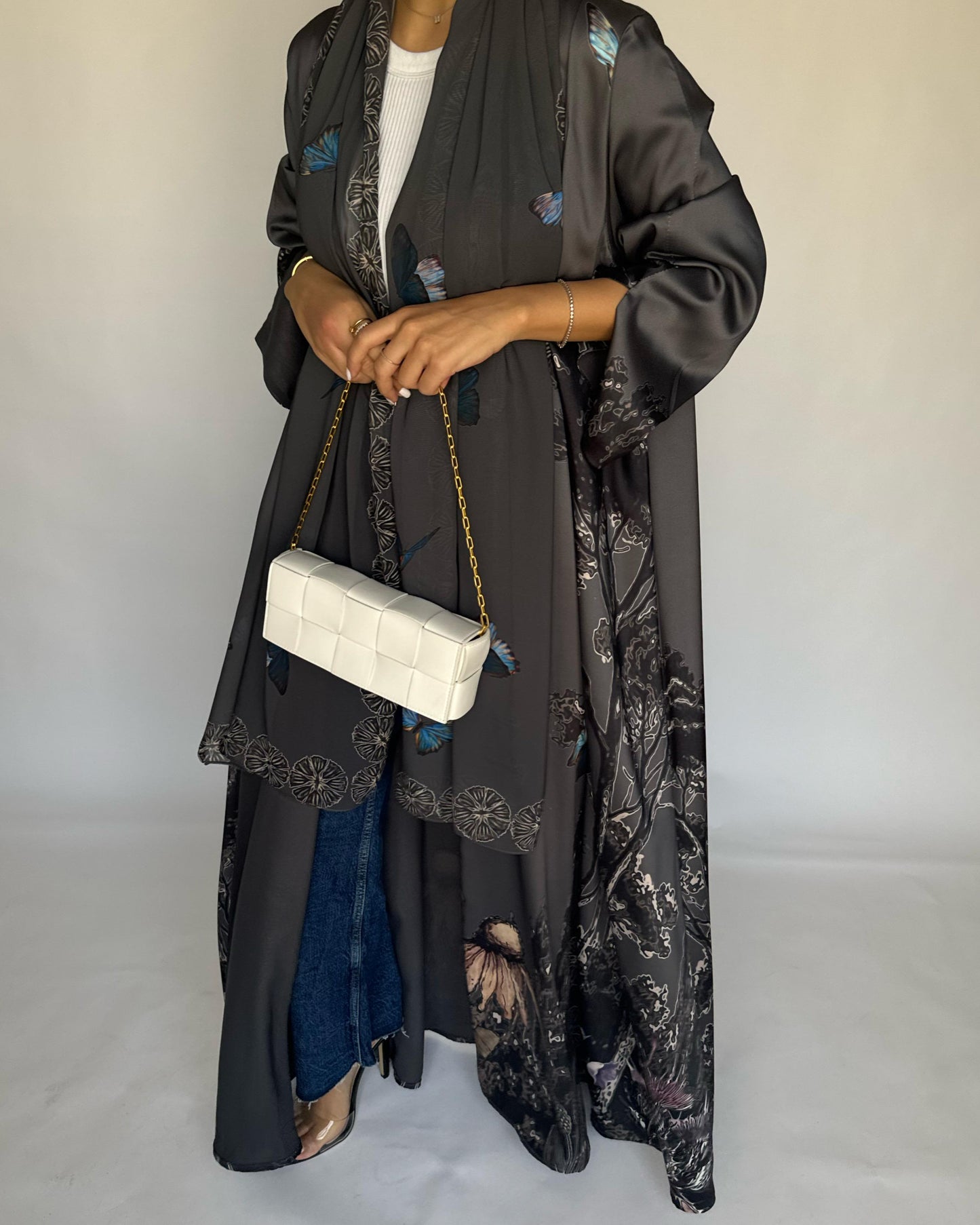 A387 - Gray Butterfly Forest A-Cut Summery Abaya