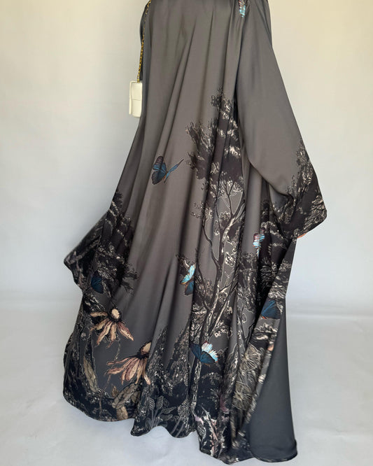 A387 - Gray Butterfly Forest A-Cut Summery Abaya