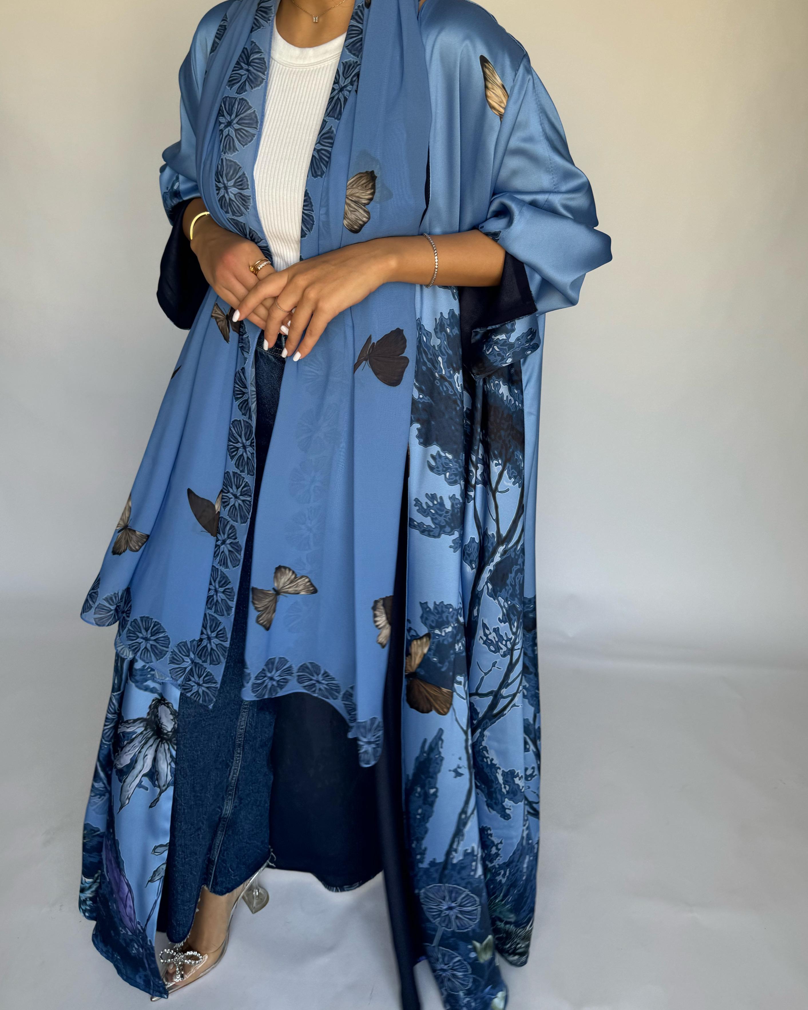 A385 - Blue Butterfly Forest A-Cut Summery Abaya