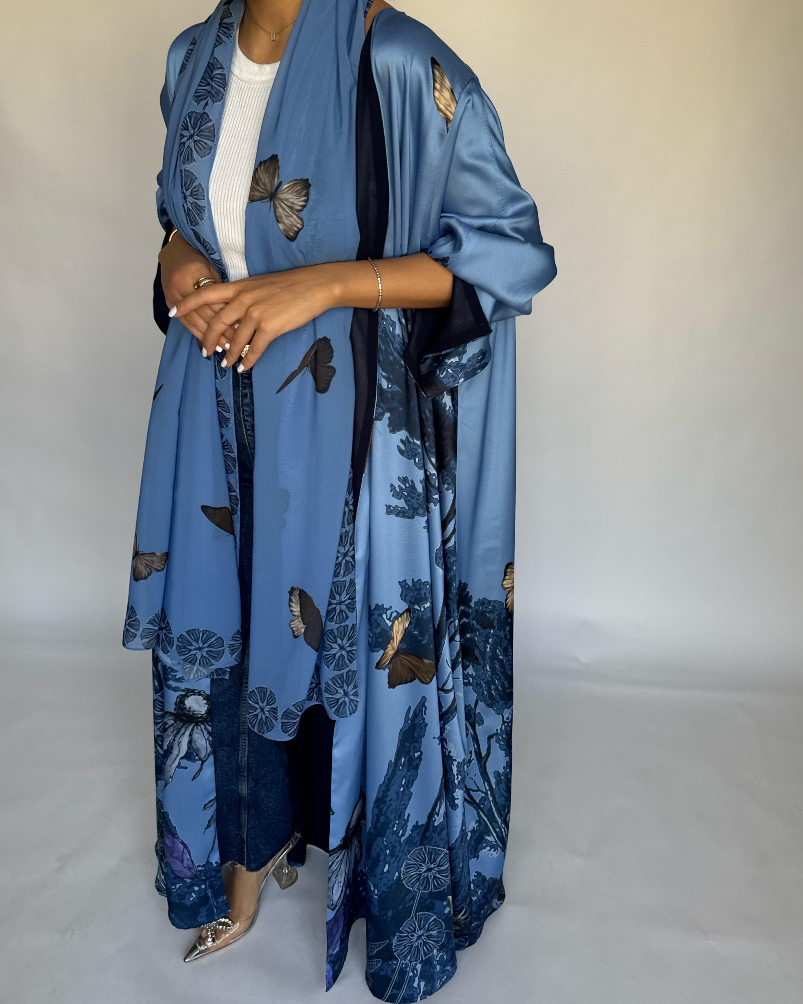 A385 - Blue Butterfly Forest A-Cut Summery Abaya