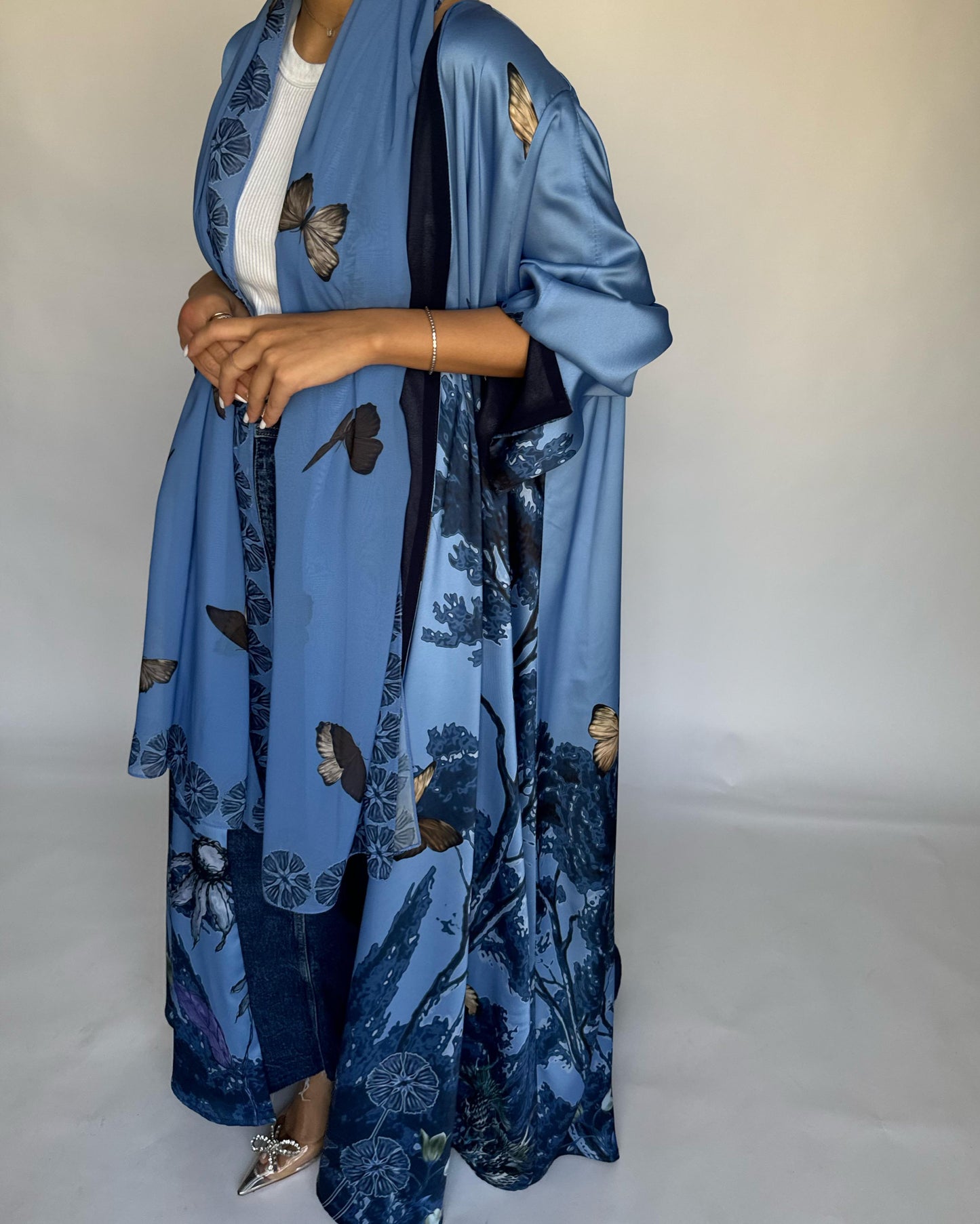 A385 - Blue Butterfly Forest A-Cut Summery Abaya