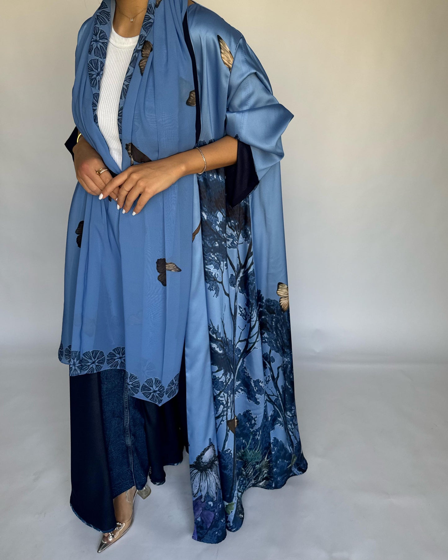 A385 - Blue Butterfly Forest A-Cut Summery Abaya