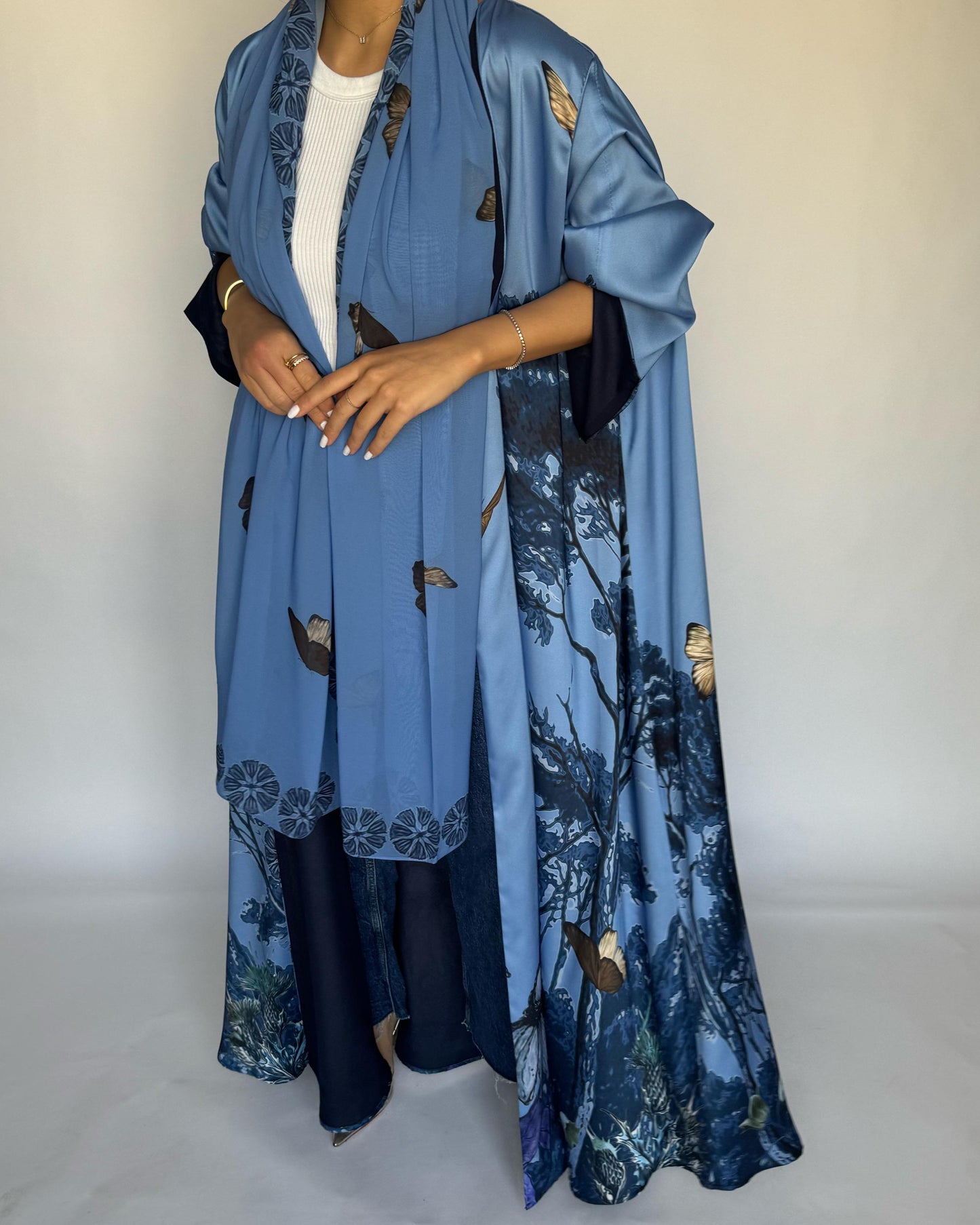 A385 - Blue Butterfly Forest A-Cut Summery Abaya