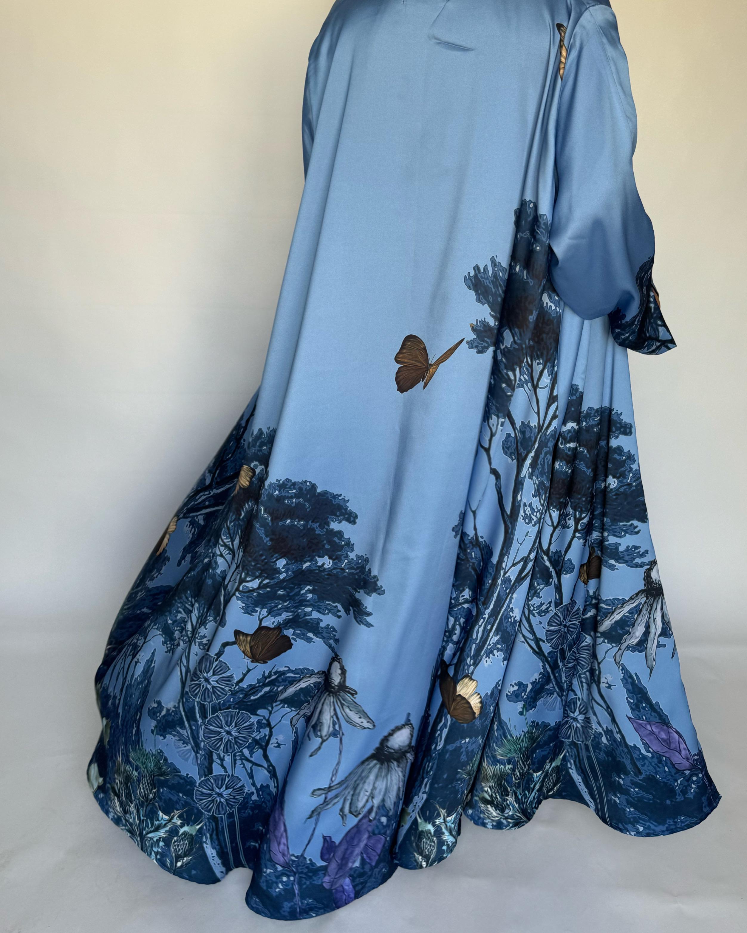 A385 - Blue Butterfly Forest A-Cut Summery Abaya