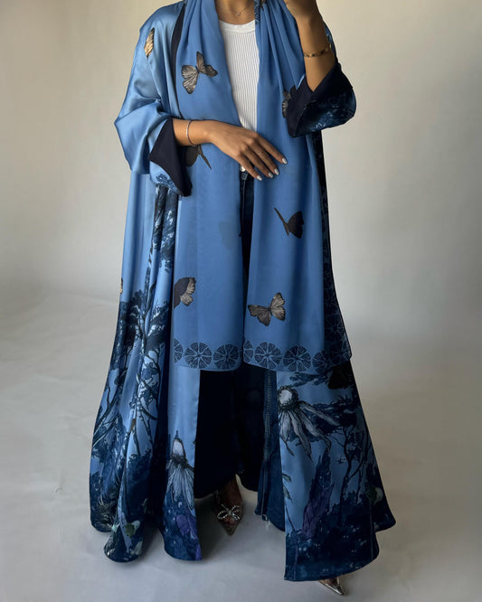 A385 - Blue Butterfly Forest A-Cut Summery Abaya