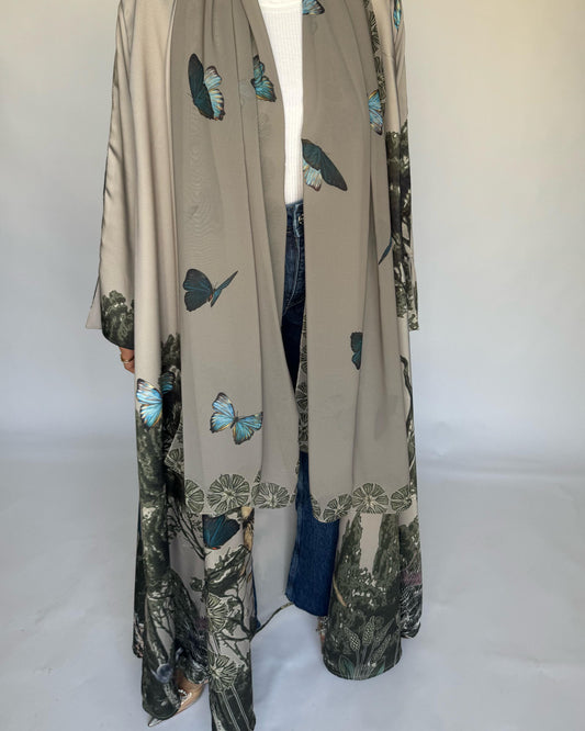 A388 -  Gray Olive Butterfly Forest A-Cut Summery Abaya
