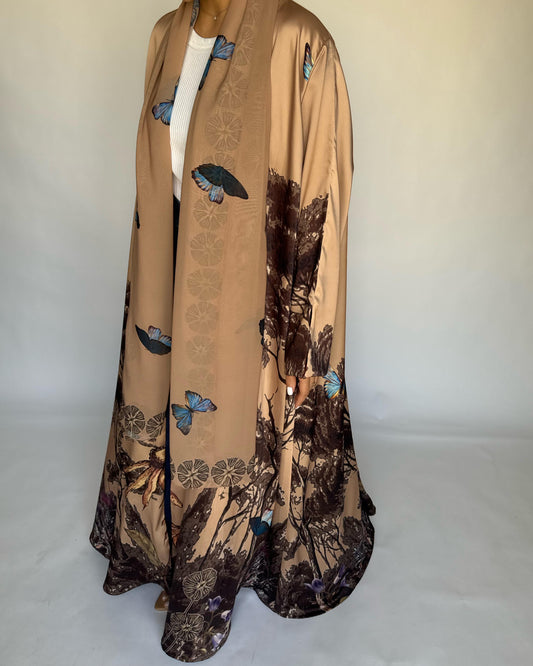 A386 - Sand Brown Butterfly Forest A-Cut Summery Abaya