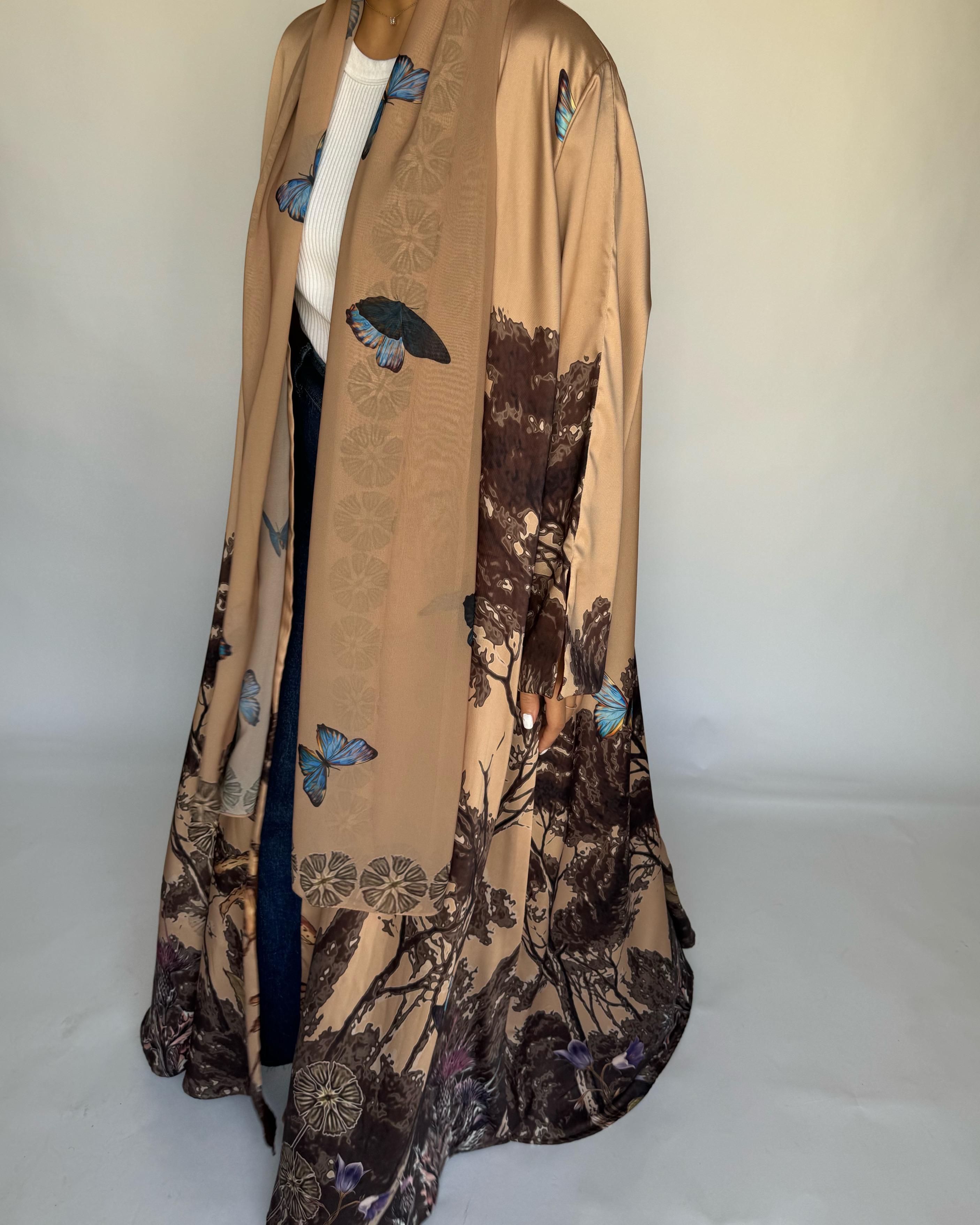 A386 - Sand Brown Butterfly Forest A-Cut Summery Abaya