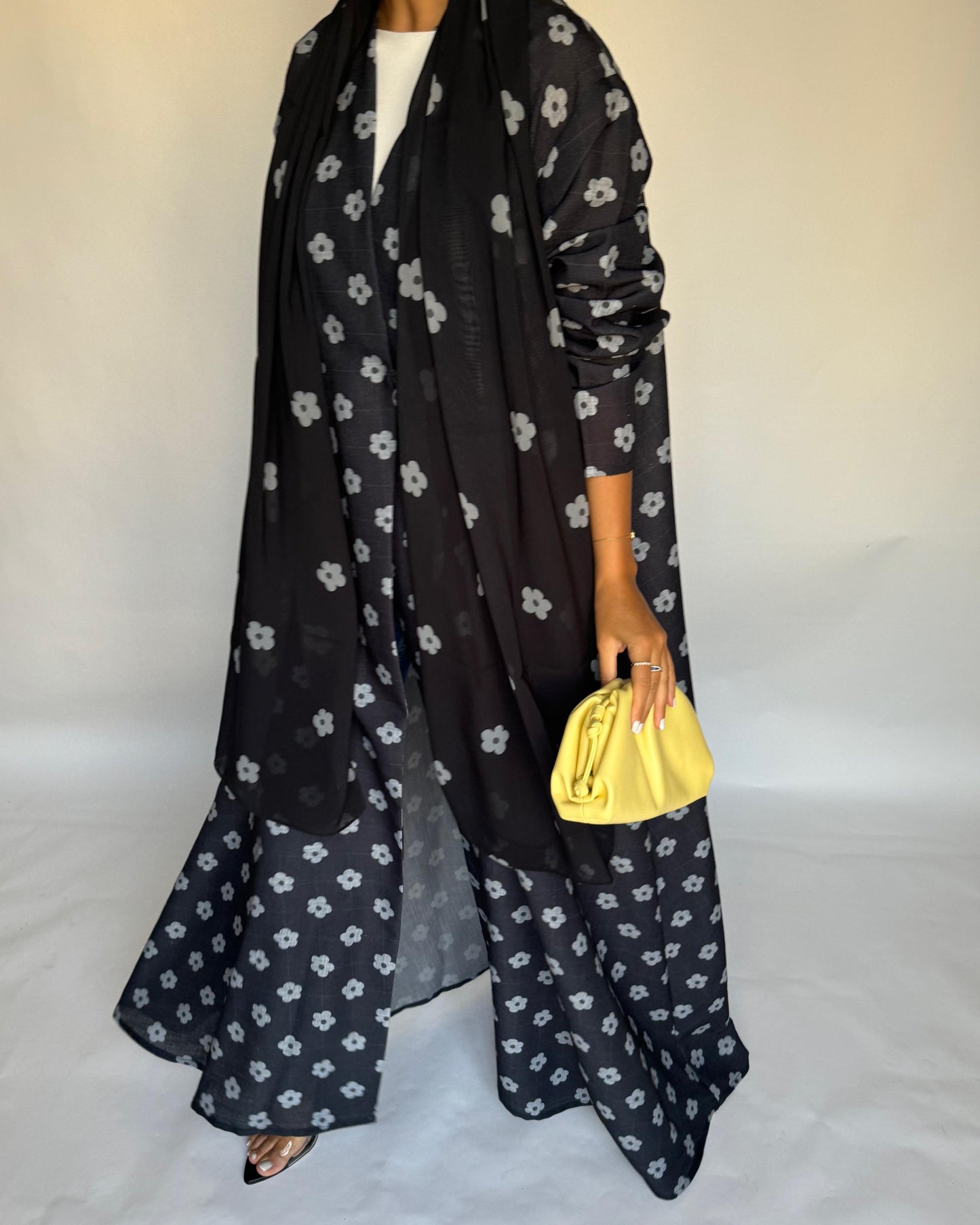 A396 -  Black Flower Linen A-Cut Summery Abaya