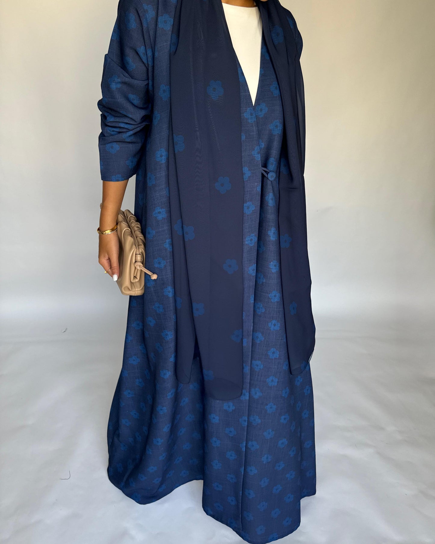 A393 -  Blue Flower Linen A-Cut Summery Abaya