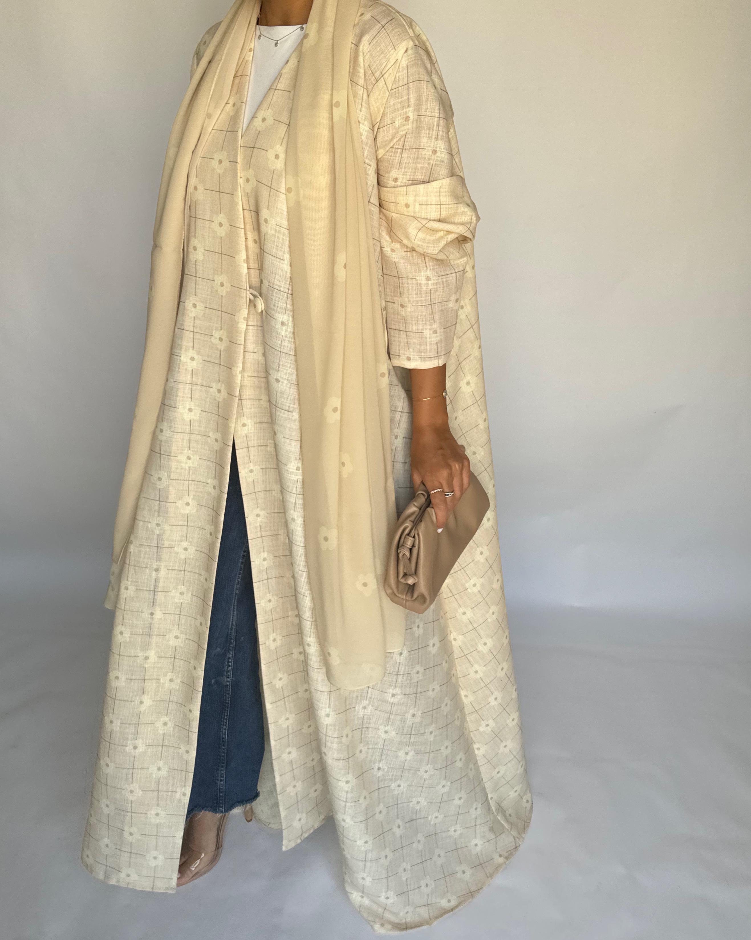 A390 -  Butter Yellow Flower Linen A-Cut Summery Abaya