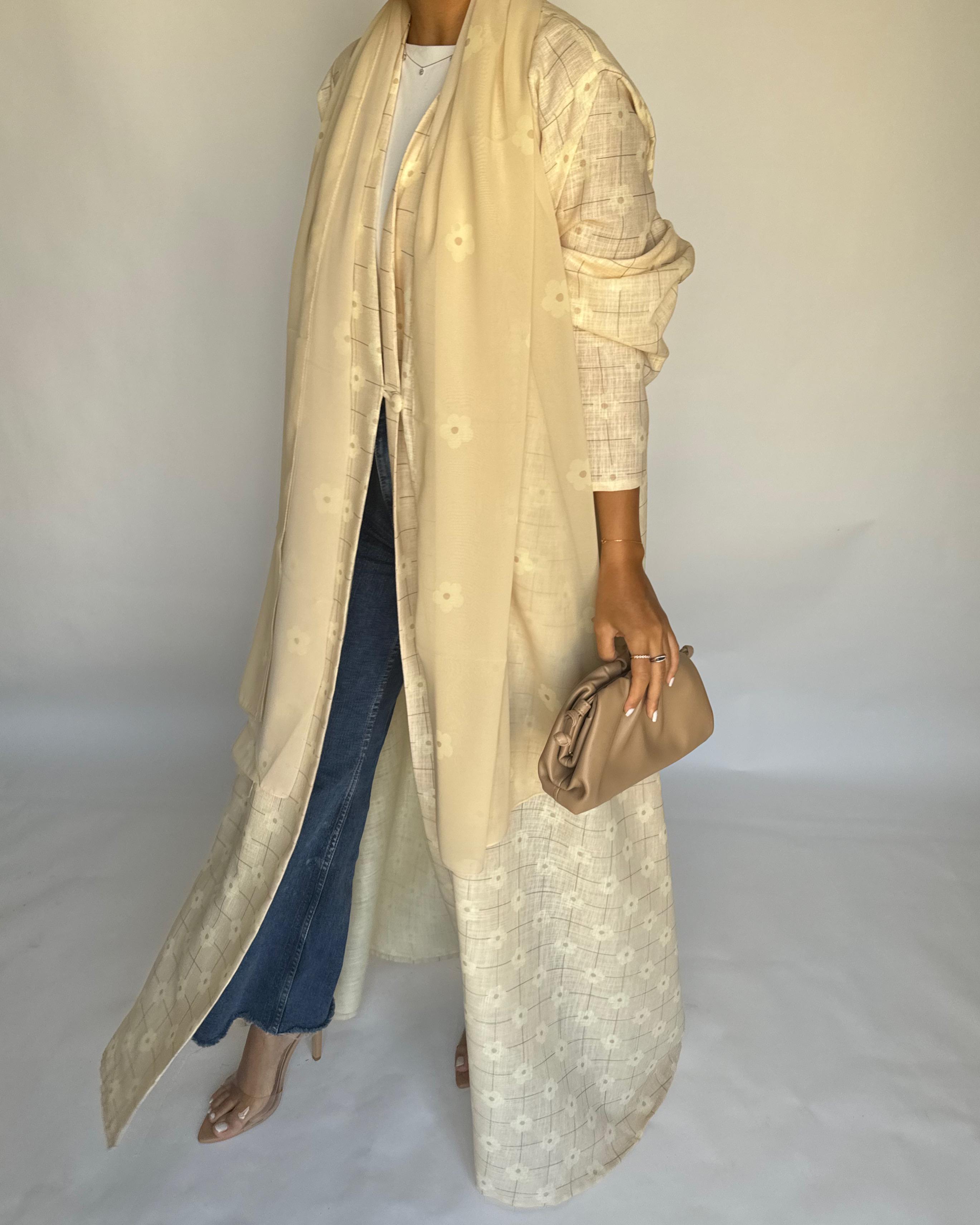 A390 -  Butter Yellow Flower Linen A-Cut Summery Abaya