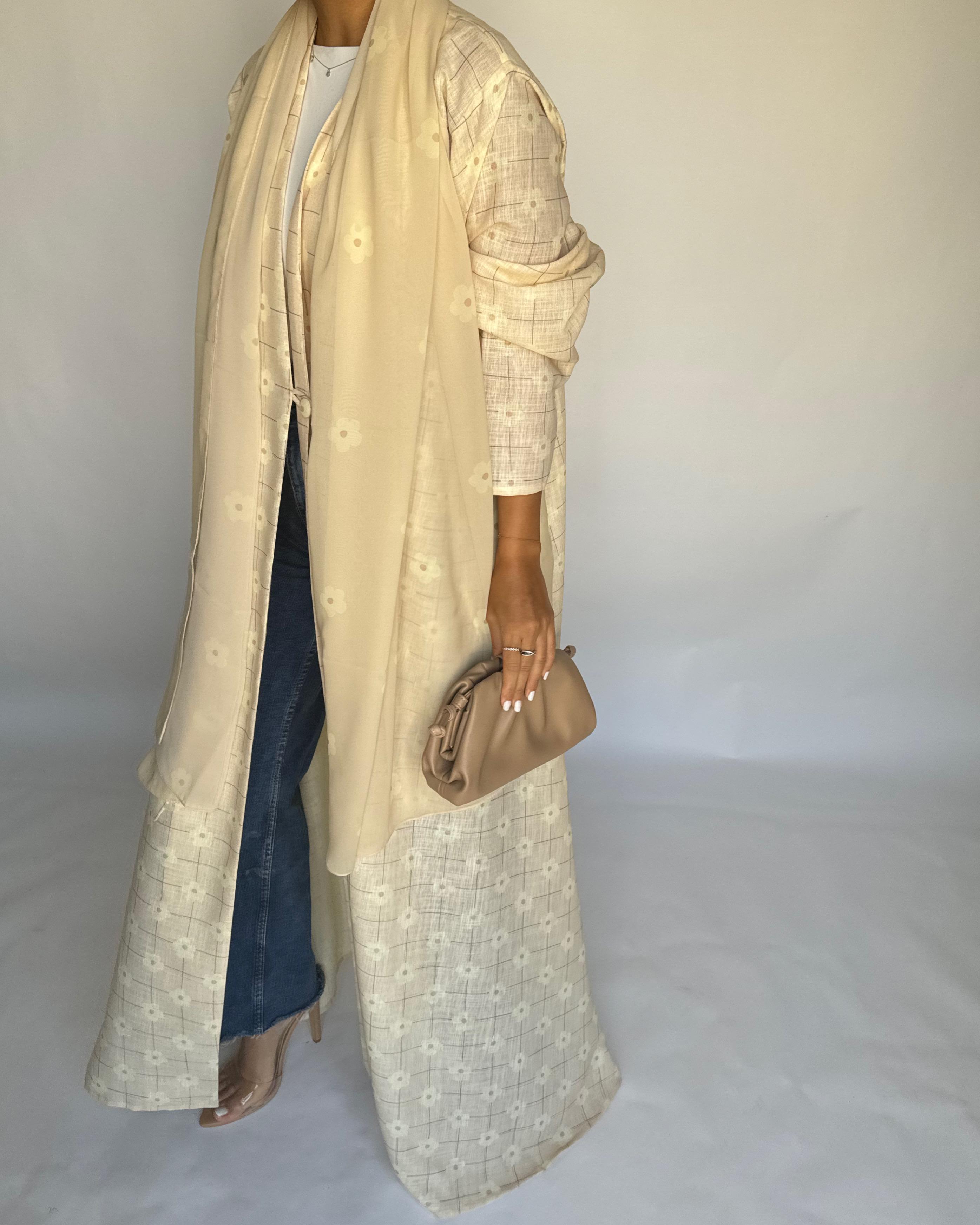 A390 -  Butter Yellow Flower Linen A-Cut Summery Abaya