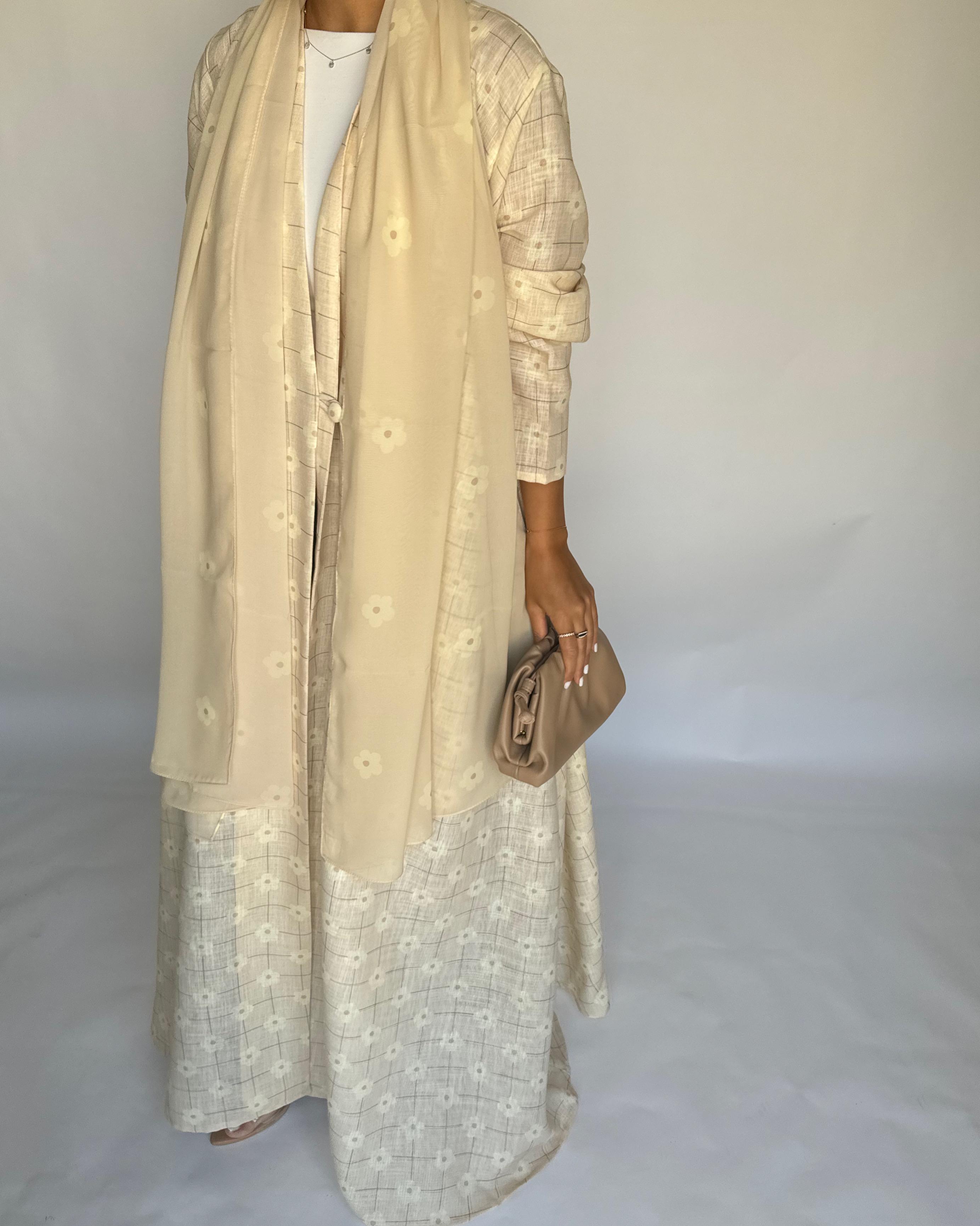 A390 -  Butter Yellow Flower Linen A-Cut Summery Abaya