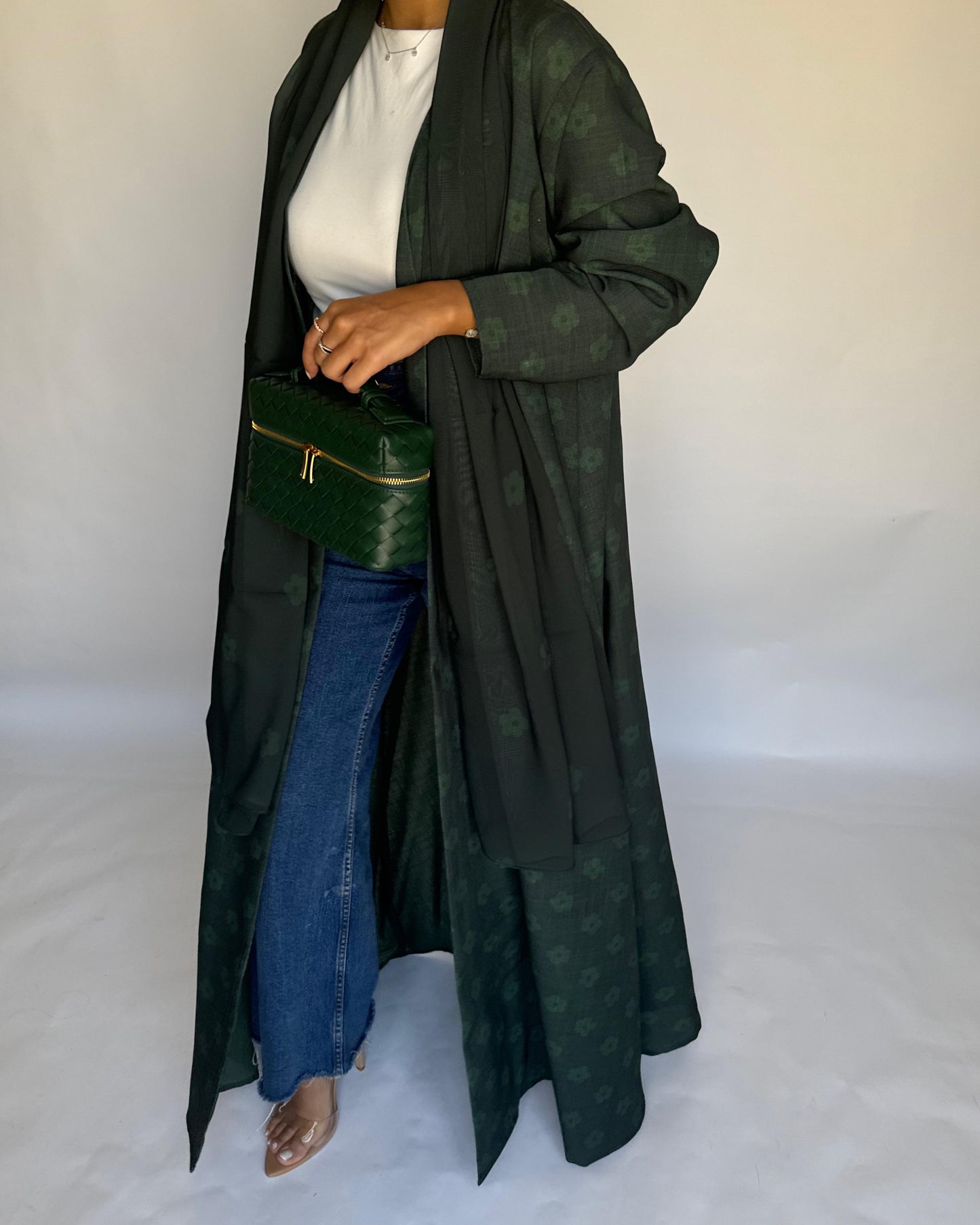 A394 -  Dark Green Flower Linen A-Cut Summery Abaya