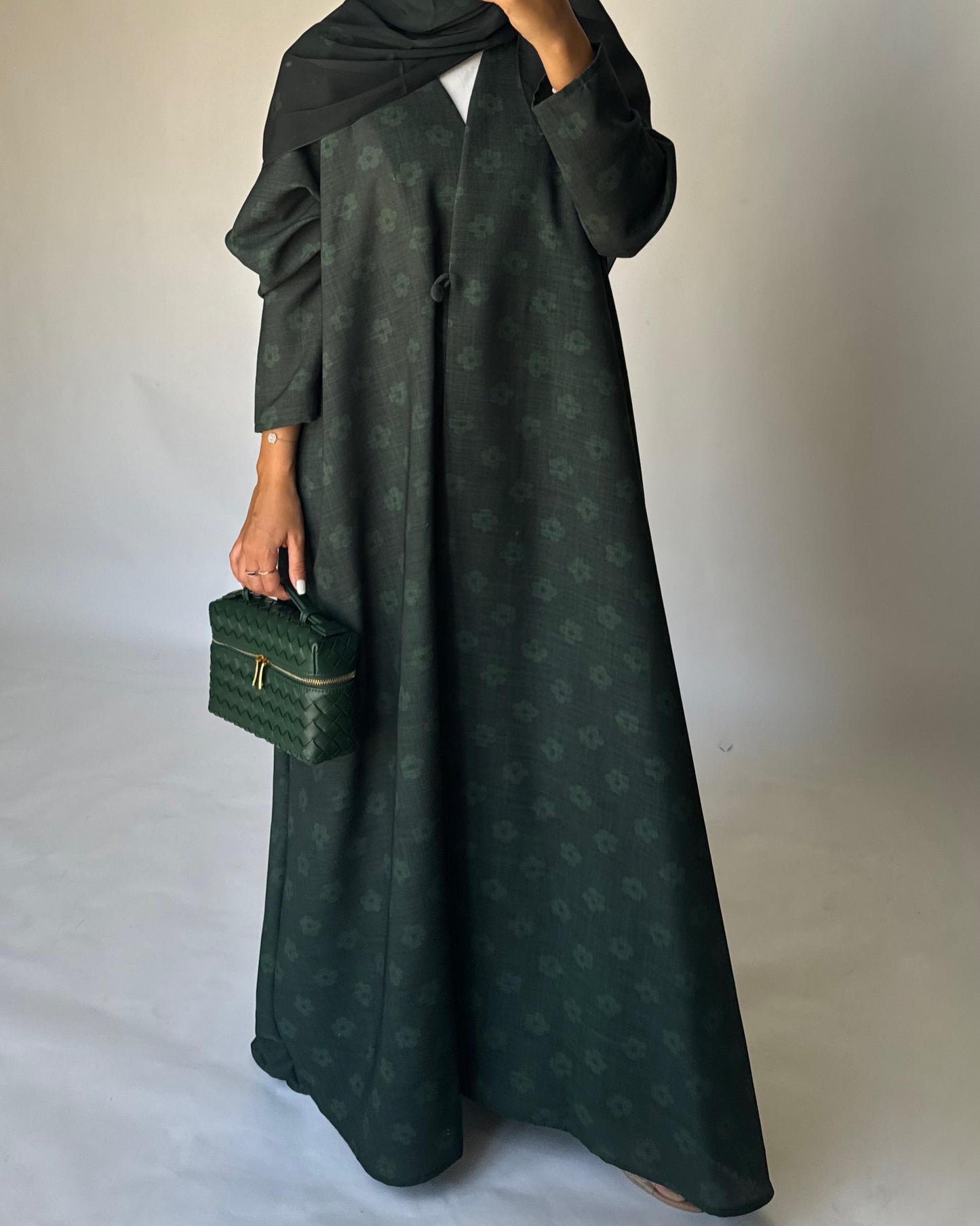 A394 -  Dark Green Flower Linen A-Cut Summery Abaya