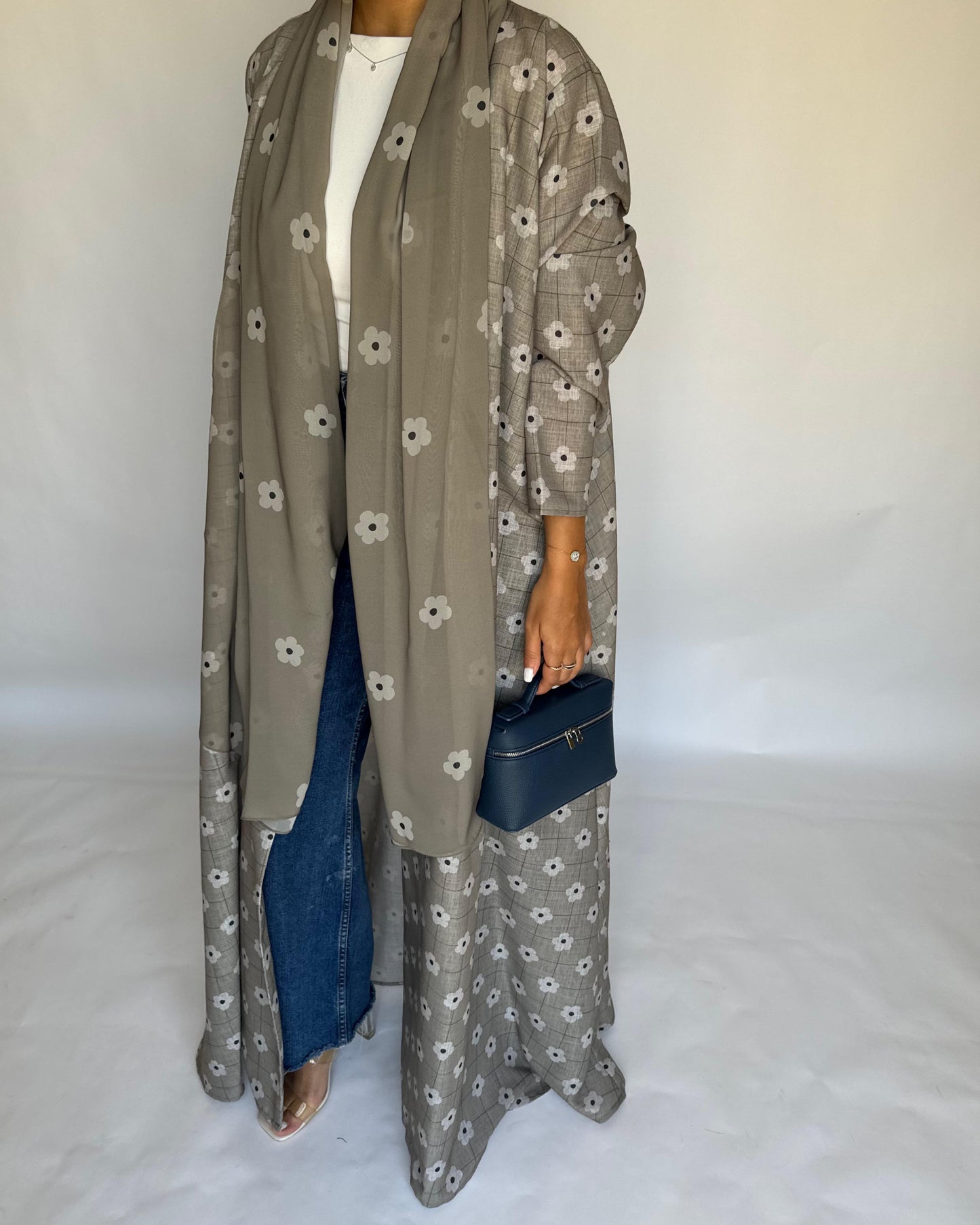 A395 -  Brown Grey Tone Flower Linen A-Cut Summery Abaya