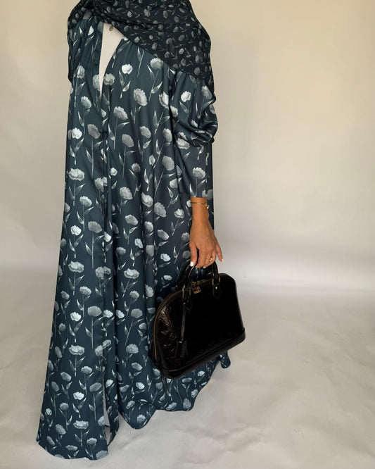 A403 - Blue Flower Pattern A-Cut Summery Daily Abaya