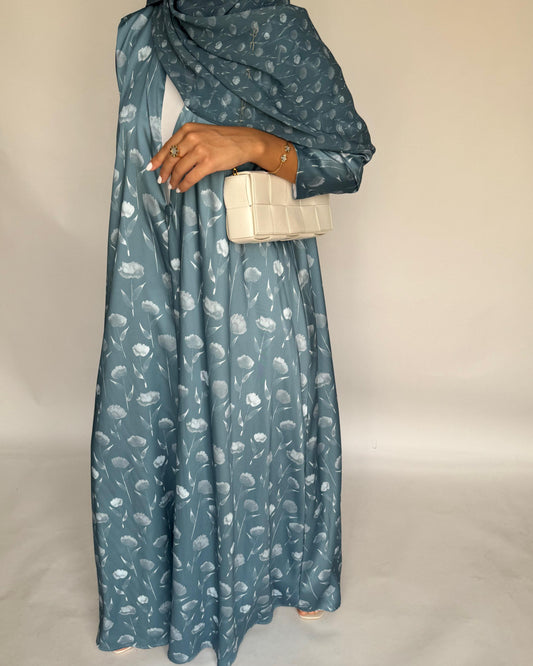 A404 - Light Blue Flower Pattern A-Cut Summery Daily Abaya