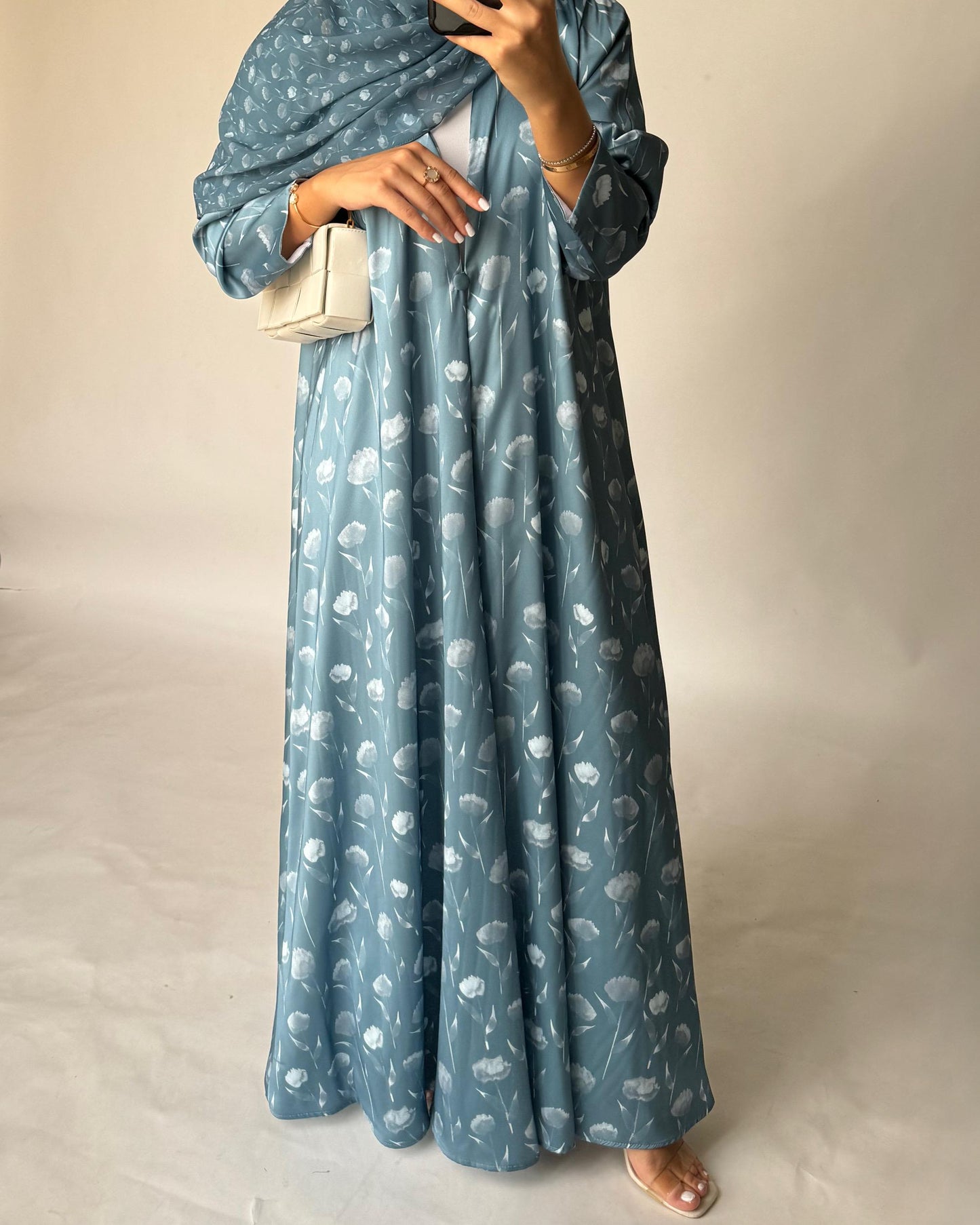 A404 - Light Blue Flower Pattern A-Cut Summery Daily Abaya