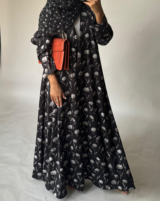 A402 - Black Flower Pattern A-Cut Summery Daily Abaya