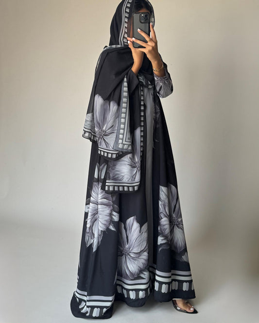 A429 - Black-ish Gray A-Cut Flower Summery Daily Abaya