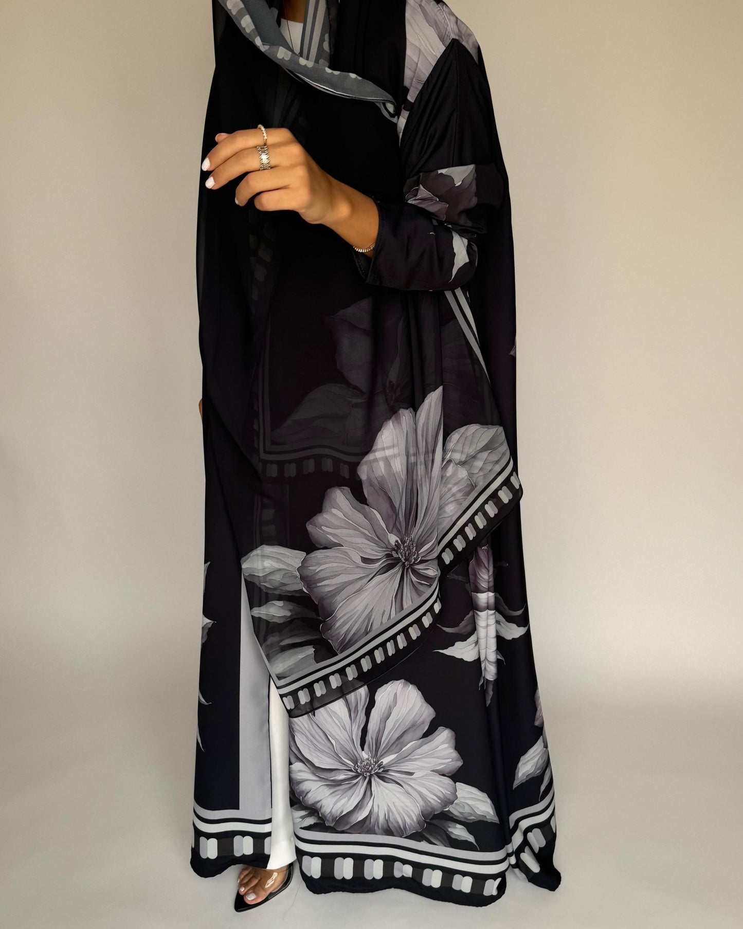 A429 - Black-ish Gray A-Cut Flower Summery Daily Abaya