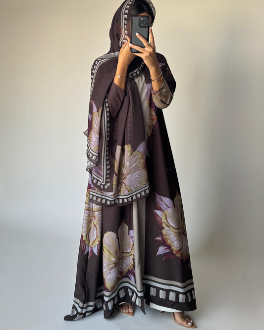A427 - Brown A-Cut Flower Summery Daily Abaya