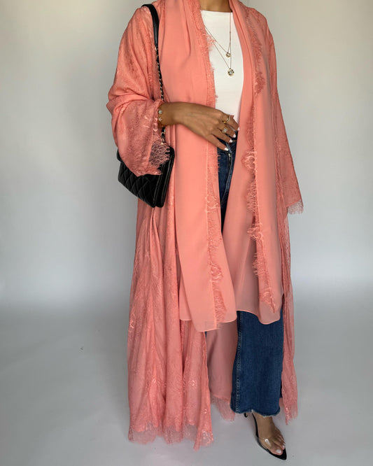 A436 - Coral Pink Lace Summery Abaya