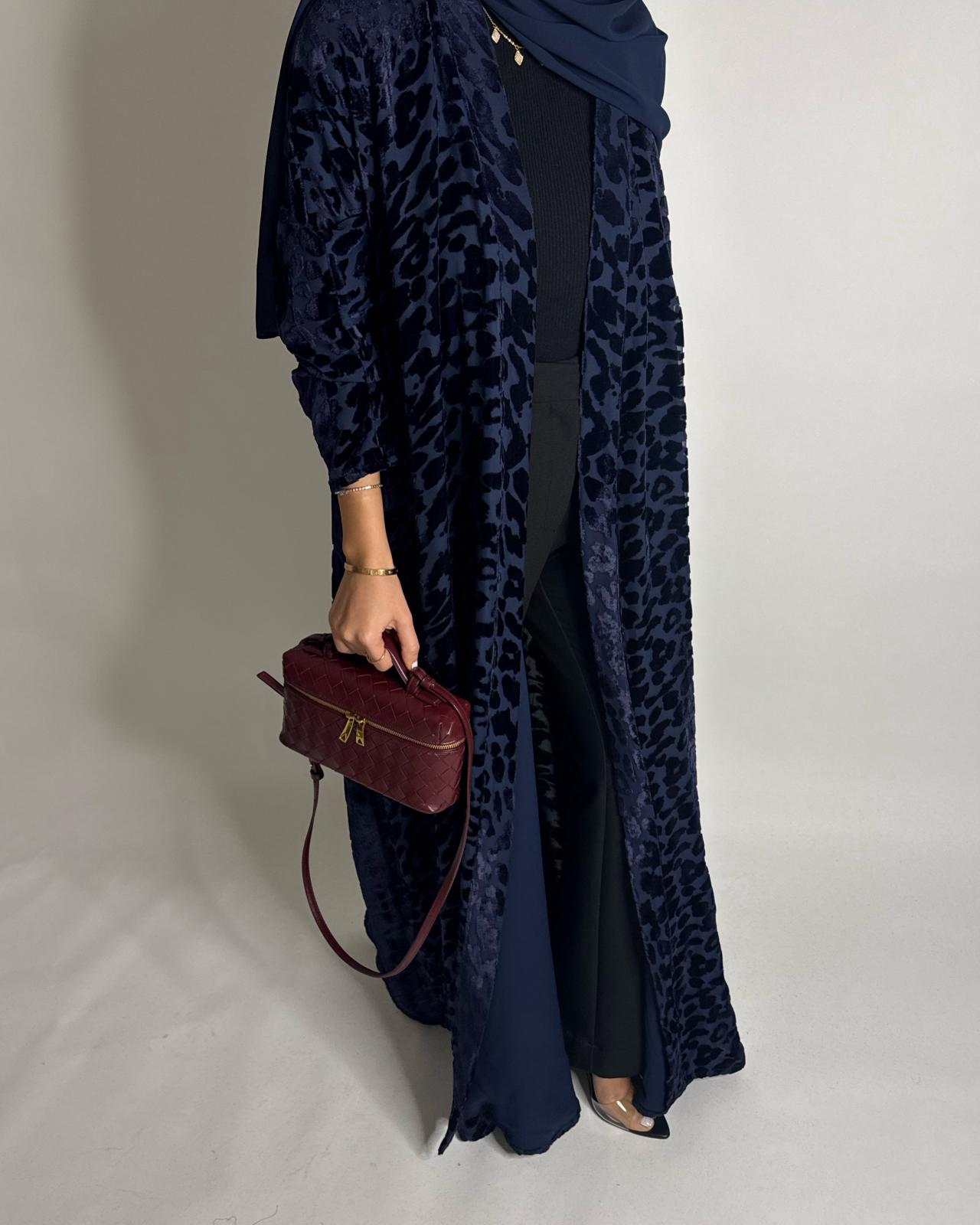 A516 - Navy Blue Leopard Pattern Velvet Abaya