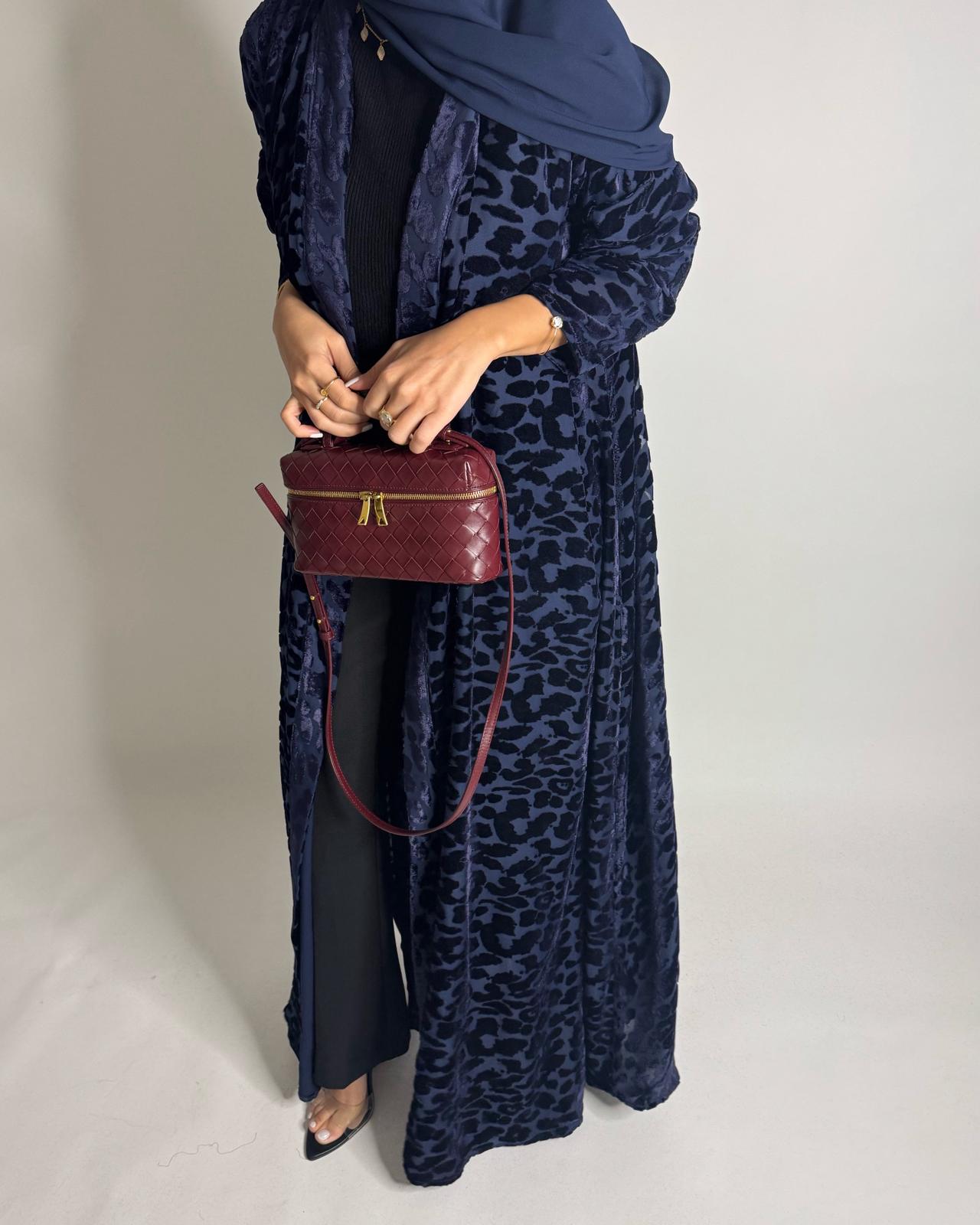 A516 - Navy Blue Leopard Pattern Velvet Abaya