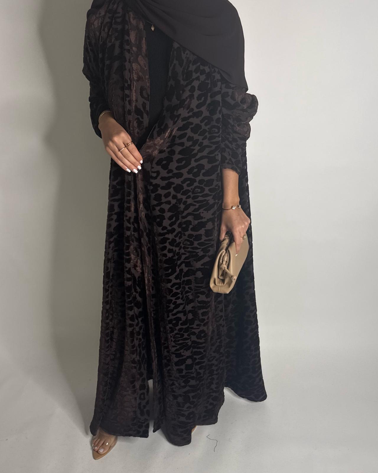 A515 -  Chocolate Brown Leopard Pattern Velvet Abaya