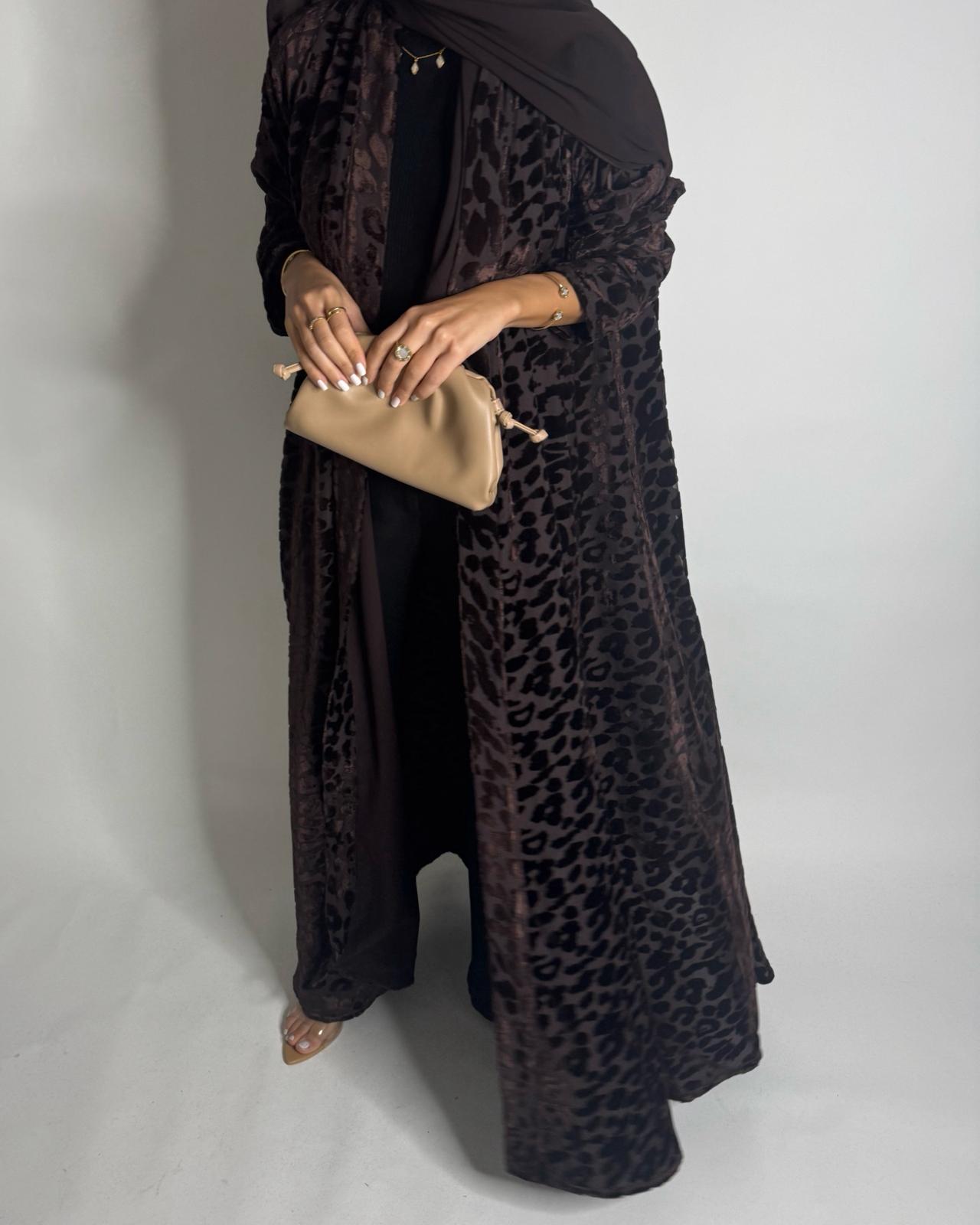 A515 -  Chocolate Brown Leopard Pattern Velvet Abaya