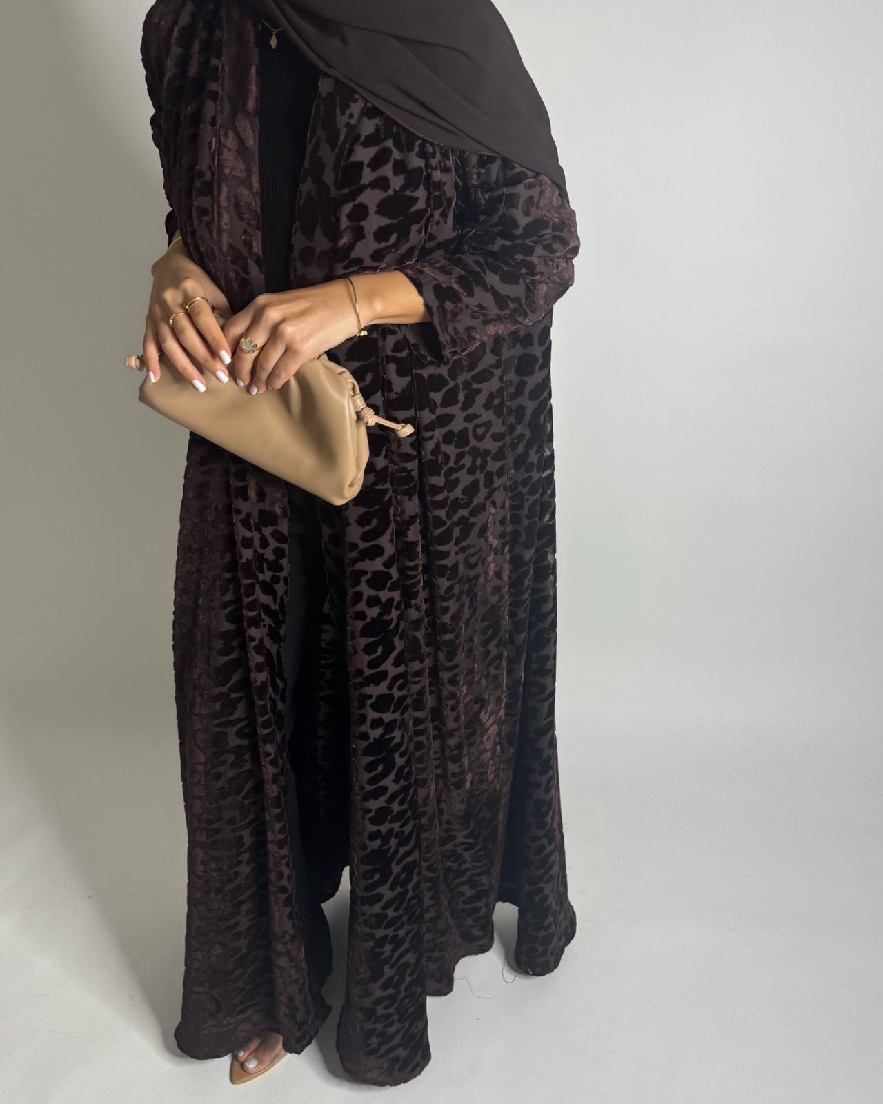 A515 -  Chocolate Brown Leopard Pattern Velvet Abaya