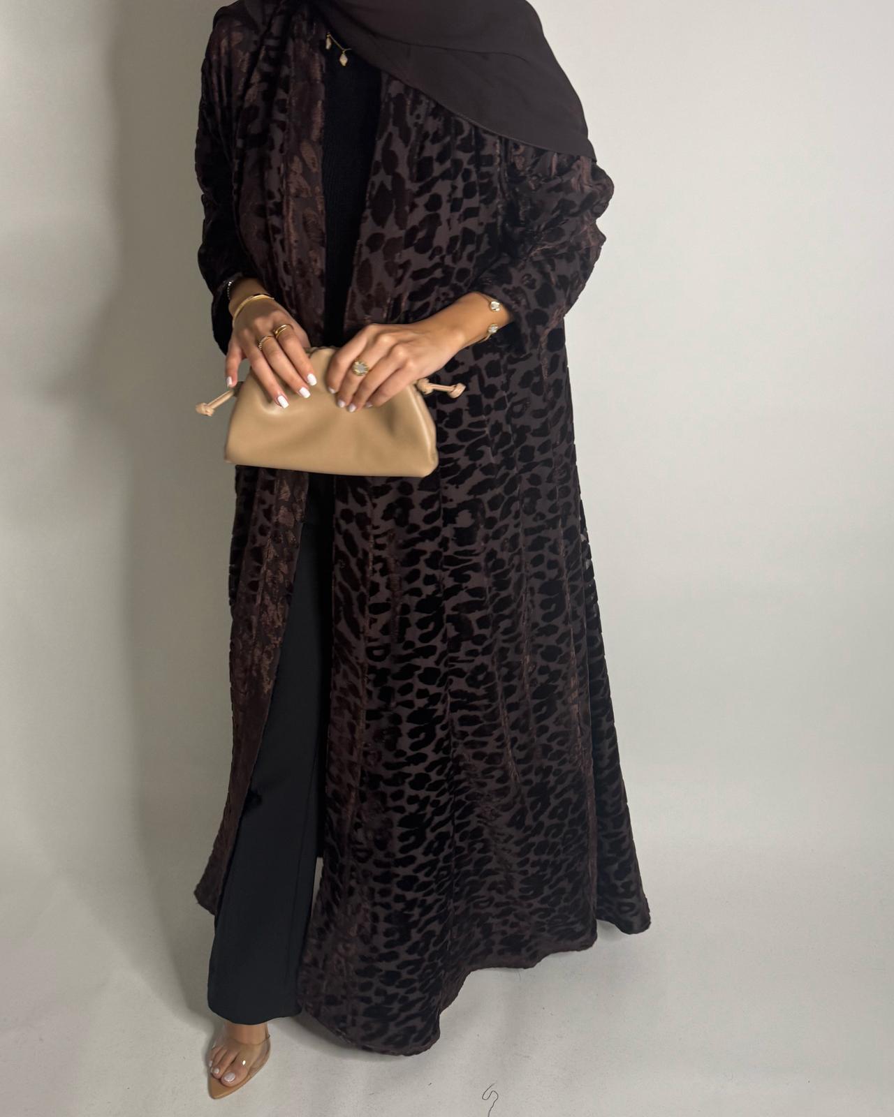 A515 -  Chocolate Brown Leopard Pattern Velvet Abaya