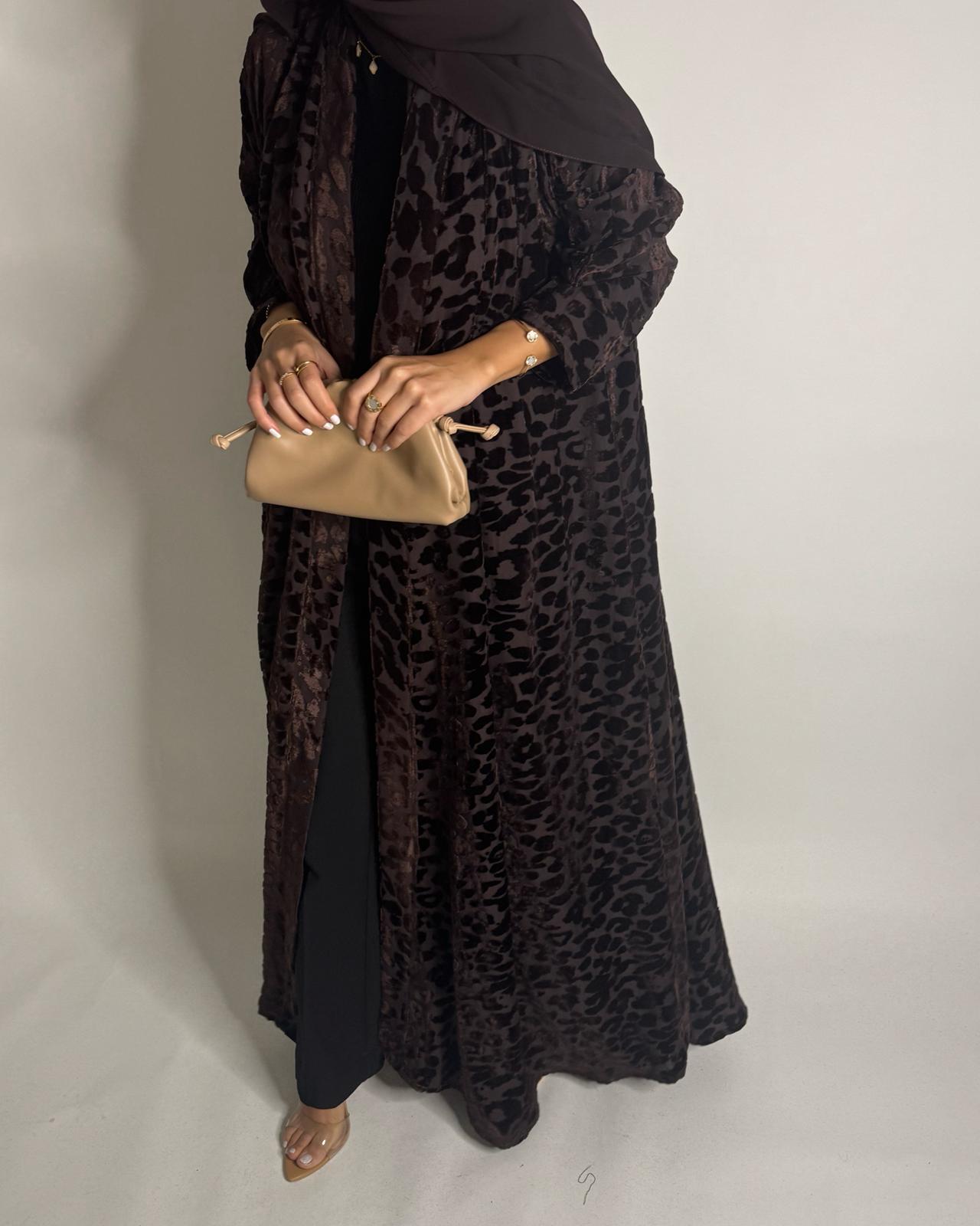 A515 -  Chocolate Brown Leopard Pattern Velvet Abaya