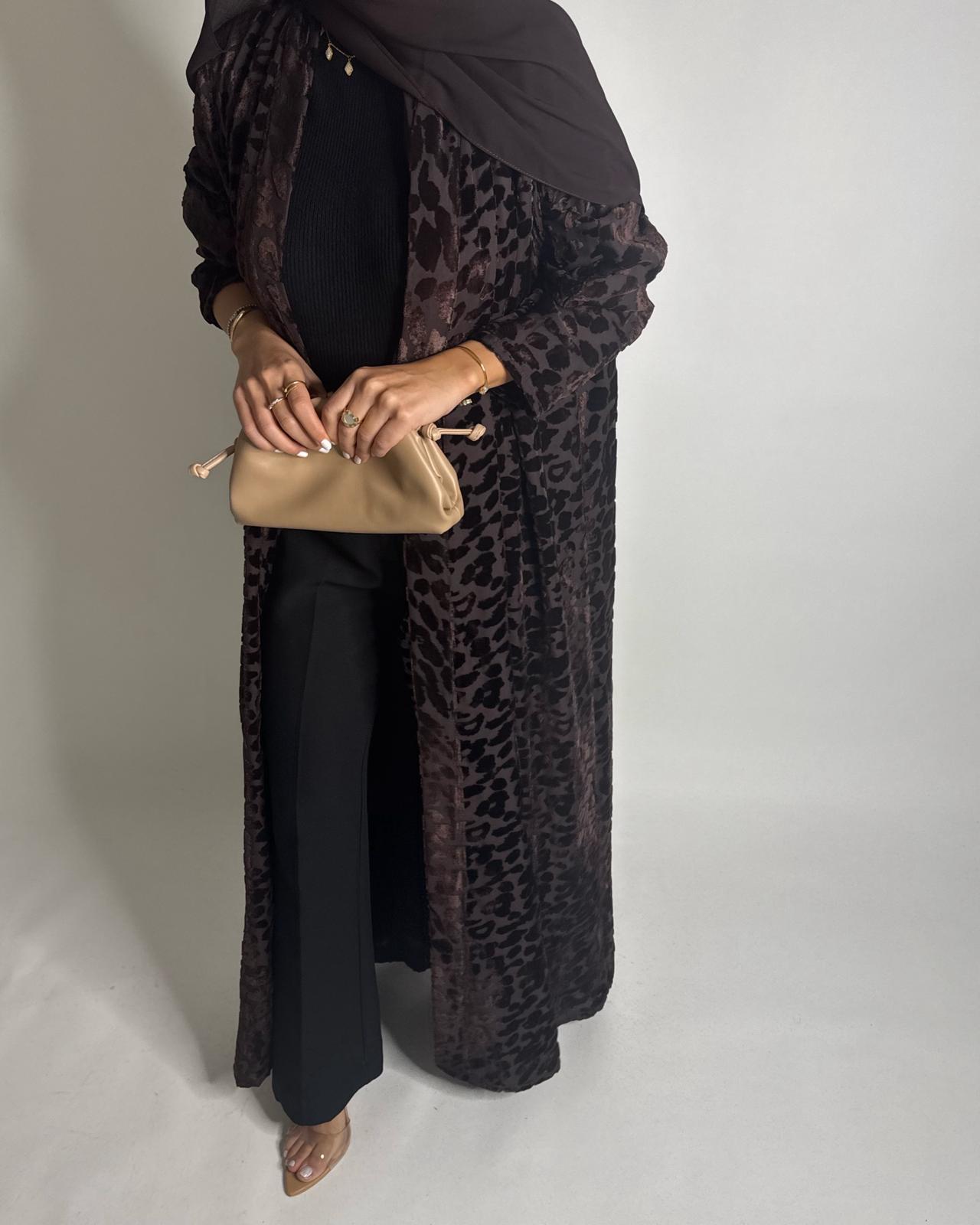 A515 -  Chocolate Brown Leopard Pattern Velvet Abaya