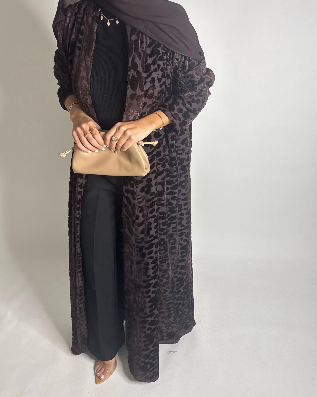 A515 -  Chocolate Brown Leopard Pattern Velvet Abaya