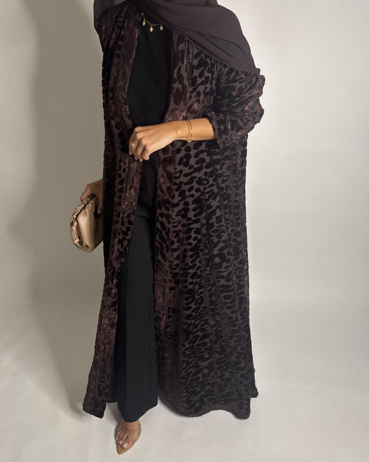 A515 -  Chocolate Brown Leopard Pattern Velvet Abaya