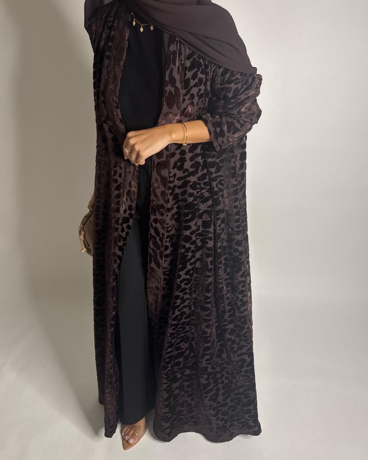 A515 -  Chocolate Brown Leopard Pattern Velvet Abaya