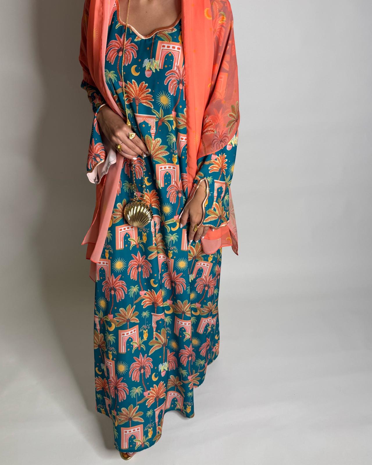A521 - Blue & Peach Moon & Palm Tree Pattern Jalabiya and Head Scarf