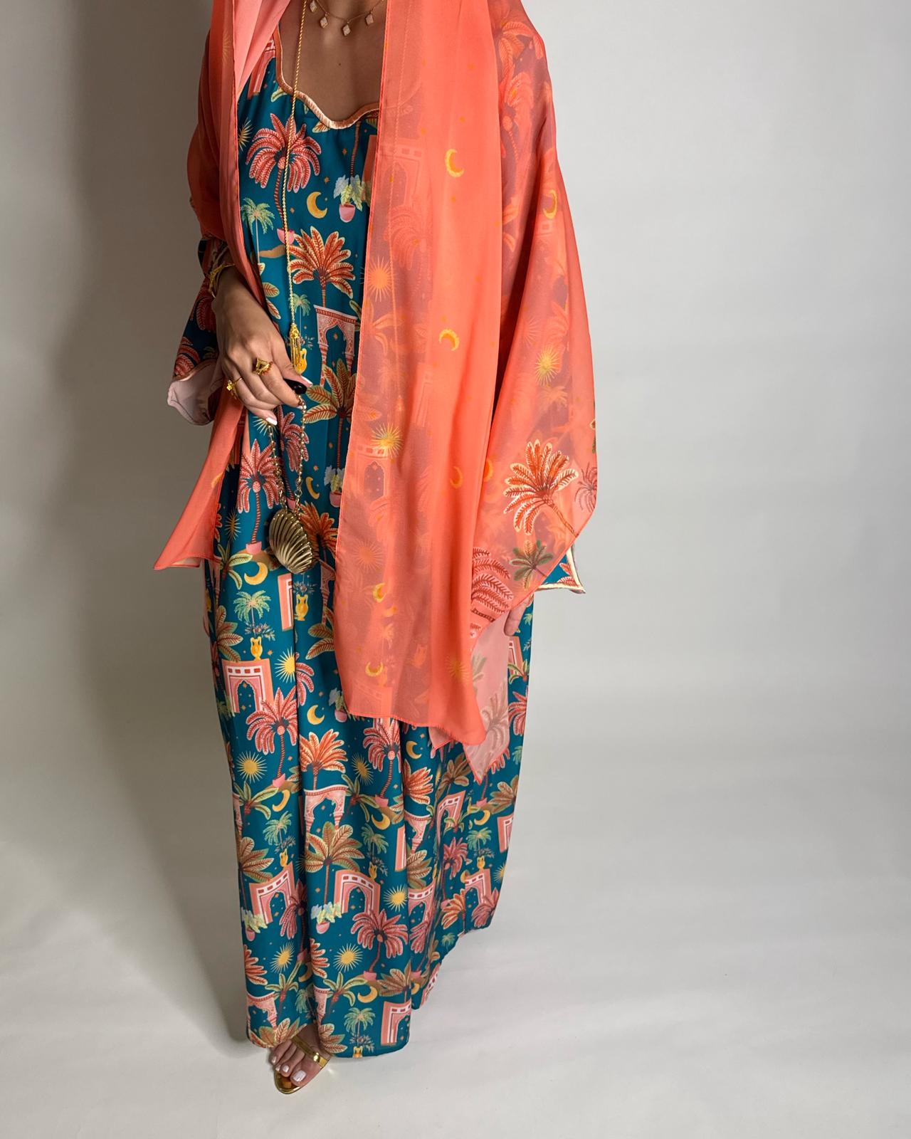 A521 - Blue & Peach Moon & Palm Tree Pattern Jalabiya and Head Scarf