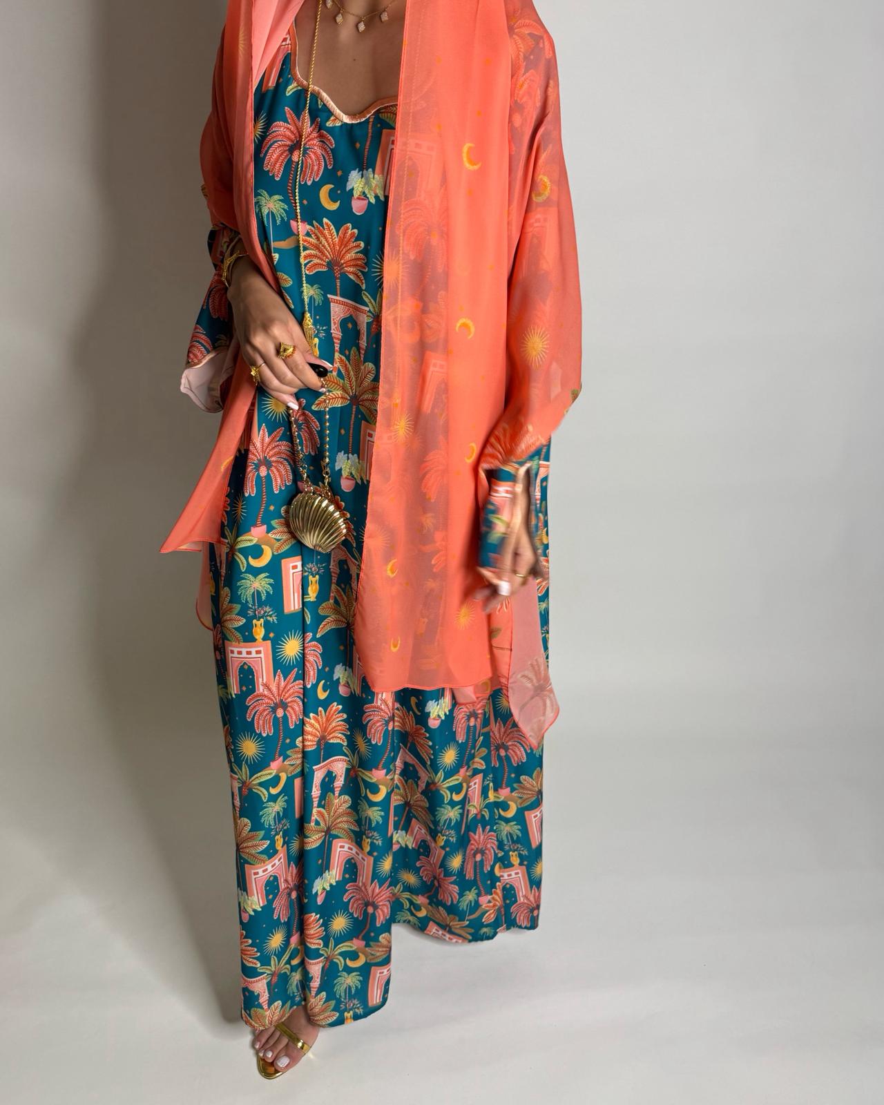 A521 - Blue & Peach Moon & Palm Tree Pattern Jalabiya and Head Scarf