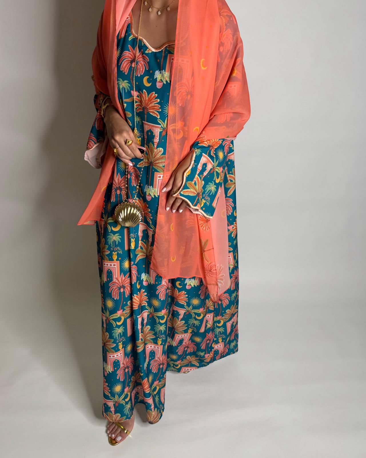 A521 - Blue & Peach Moon & Palm Tree Pattern Jalabiya and Head Scarf