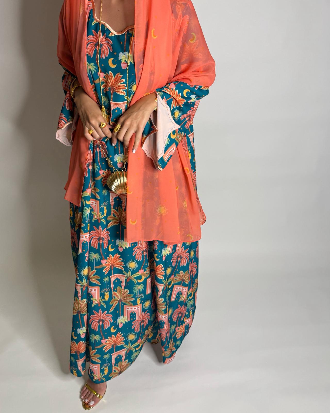 A521 - Blue & Peach Moon & Palm Tree Pattern Jalabiya and Head Scarf
