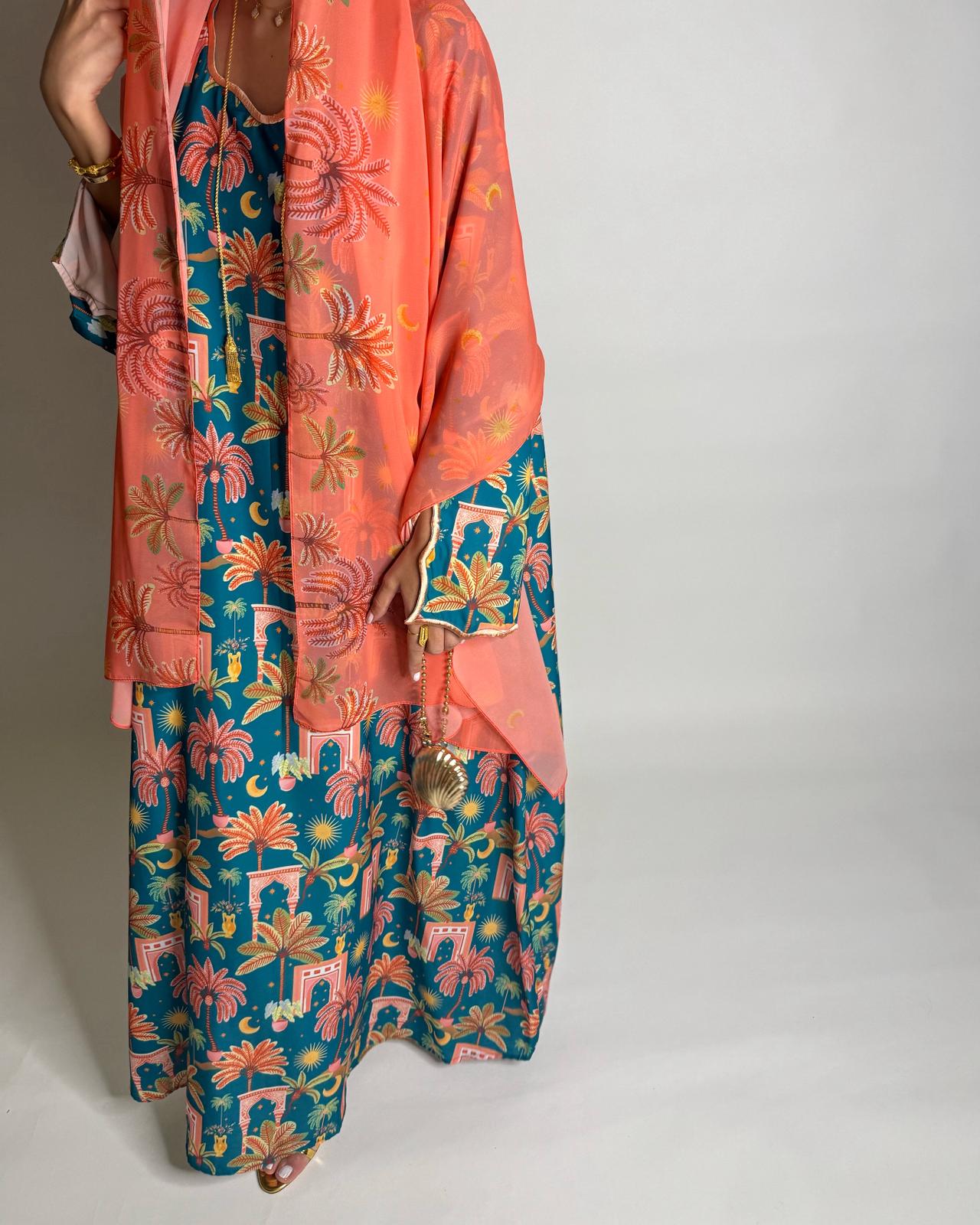A521 - Blue & Peach Moon & Palm Tree Pattern Jalabiya and Head Scarf